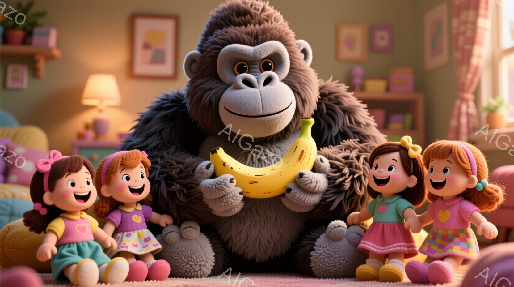 ぬいぐるみのような大きなゴリラが、手にバナナを持って座っており、その周りには、ピンクと緑の可愛らしいワンピースを着た、赤毛の女の子の人形が四体並んでいます。女の子たちは笑顔で、それぞれ異なるポーズをとっています。背景には、暖色系のリビングルームの様子が見え、本棚や照明器具などが配置されています。