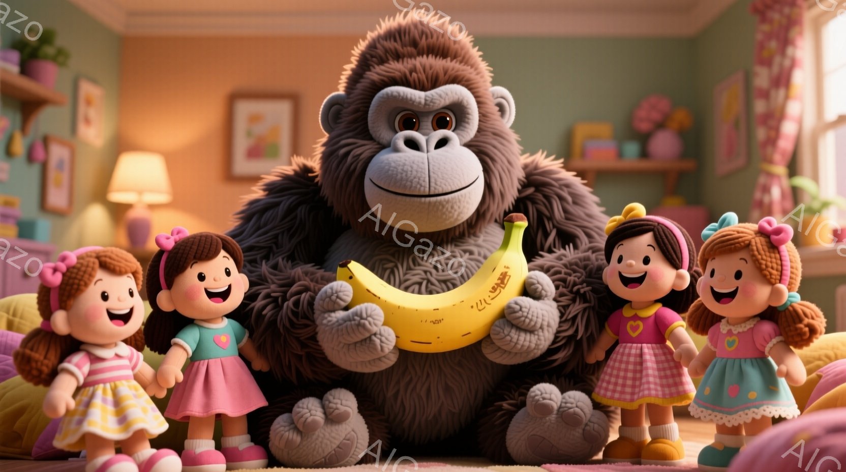 暖色系の室内で、大きなゴリラがバナナを手に座っています。周りには巻き毛の茶髪の女の子たちがピンクや水色のワンピースを着て笑顔で立っており、全体的に明るく楽しい雰囲気です。背景には棚や植物が見え、リビングルームのような空間であることがわかります。