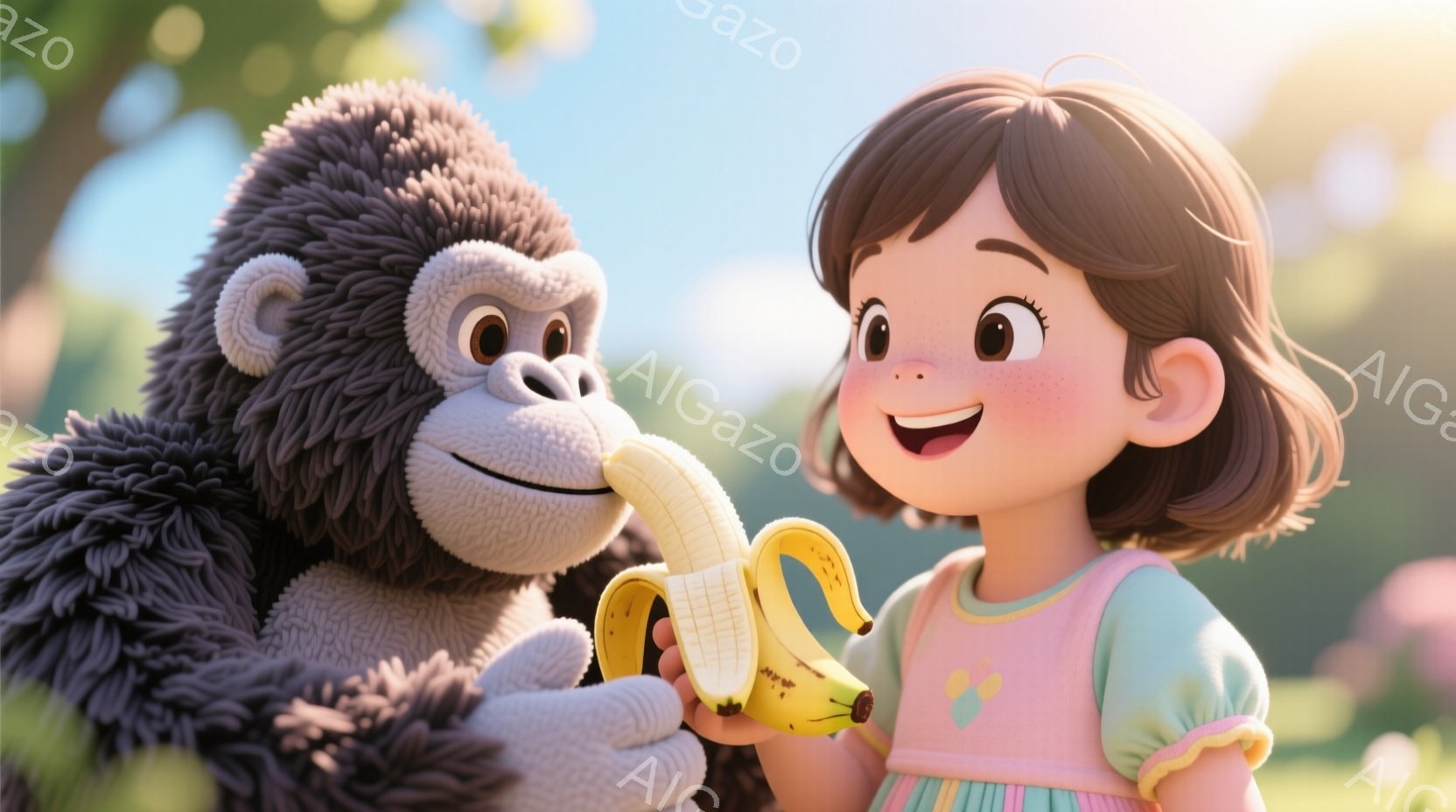幼い女の子は、ピンクと緑のフリルのついたワンピースを着て、茶色の巻き毛に笑顔を浮かべています。彼女は剥きかけたバナナを、毛むくじゃらのゴリラに差し出しており、ゴリラもまた笑顔でそれを受け取ろうとしています。背景は緑豊かな草原で、ぼやけた花々が咲き乱れ、暖かい日差しが降り注いでおり、全体的に幸せで遊び心のある雰囲気です。