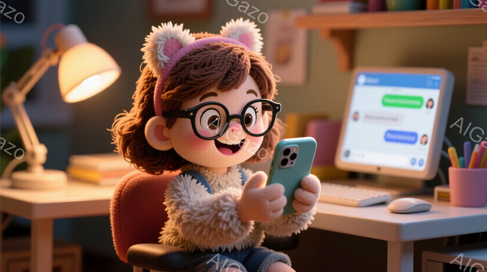 明るい色の服を着た、巻き毛の少女が描かれています。彼女はピンクのニット帽と丸いメガネをかけ、スマートフォンを両手で持って笑顔で見ています。背景にはコンピューターのモニター、机、ペン立てなどがあり、明るい室内でリラックスした雰囲気が漂っています。