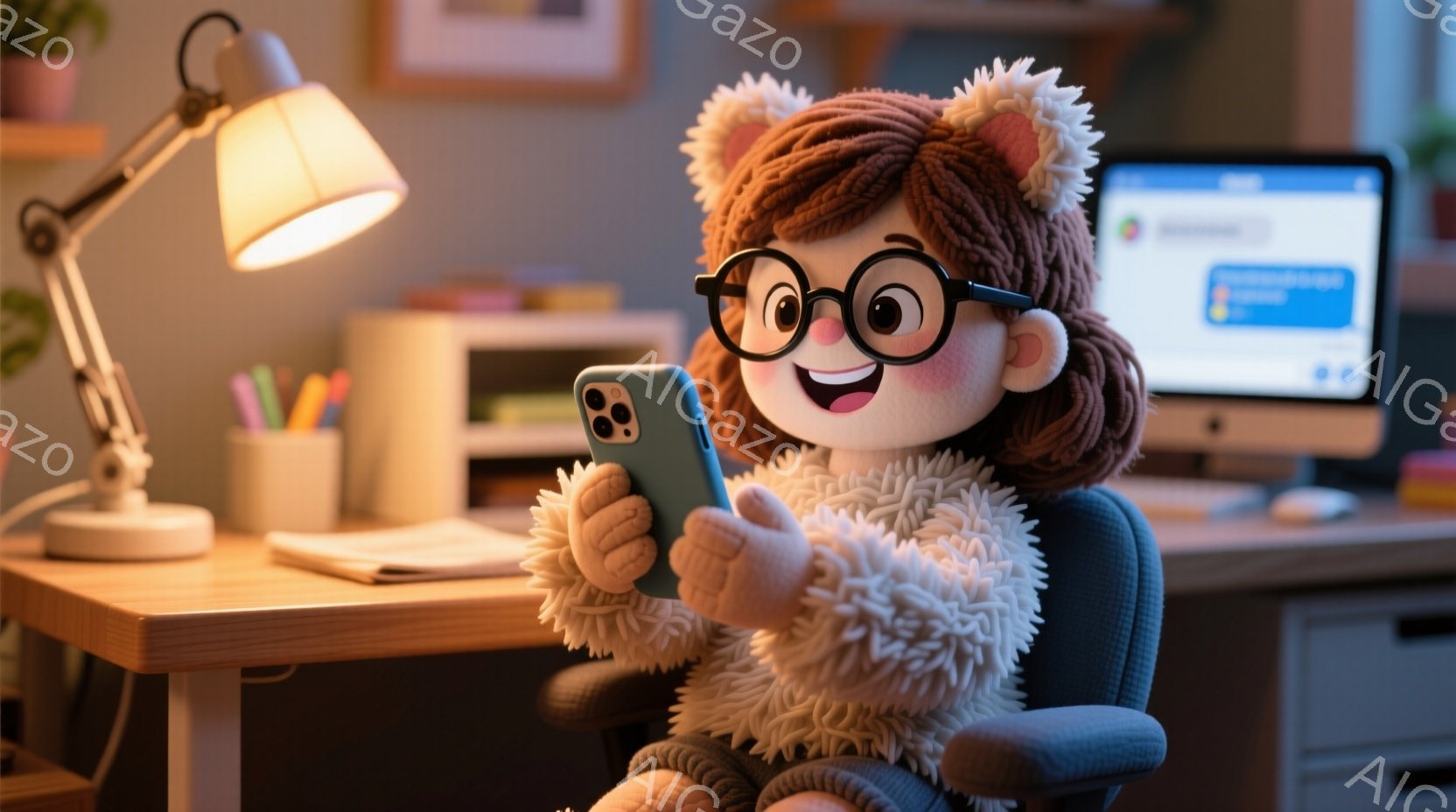 暖炉のようなふわふわの白いセーターを着た、茶色の巻き毛の女性が、机に座ってスマートフォンを見ています。彼女は丸いメガネをかけ、口角が上がった笑顔を浮かべており、リラックスした雰囲気を醸し出しています。背景には、本棚とコンピュータのモニターがあり、暖かく親しみやすい室内環境を示しています。