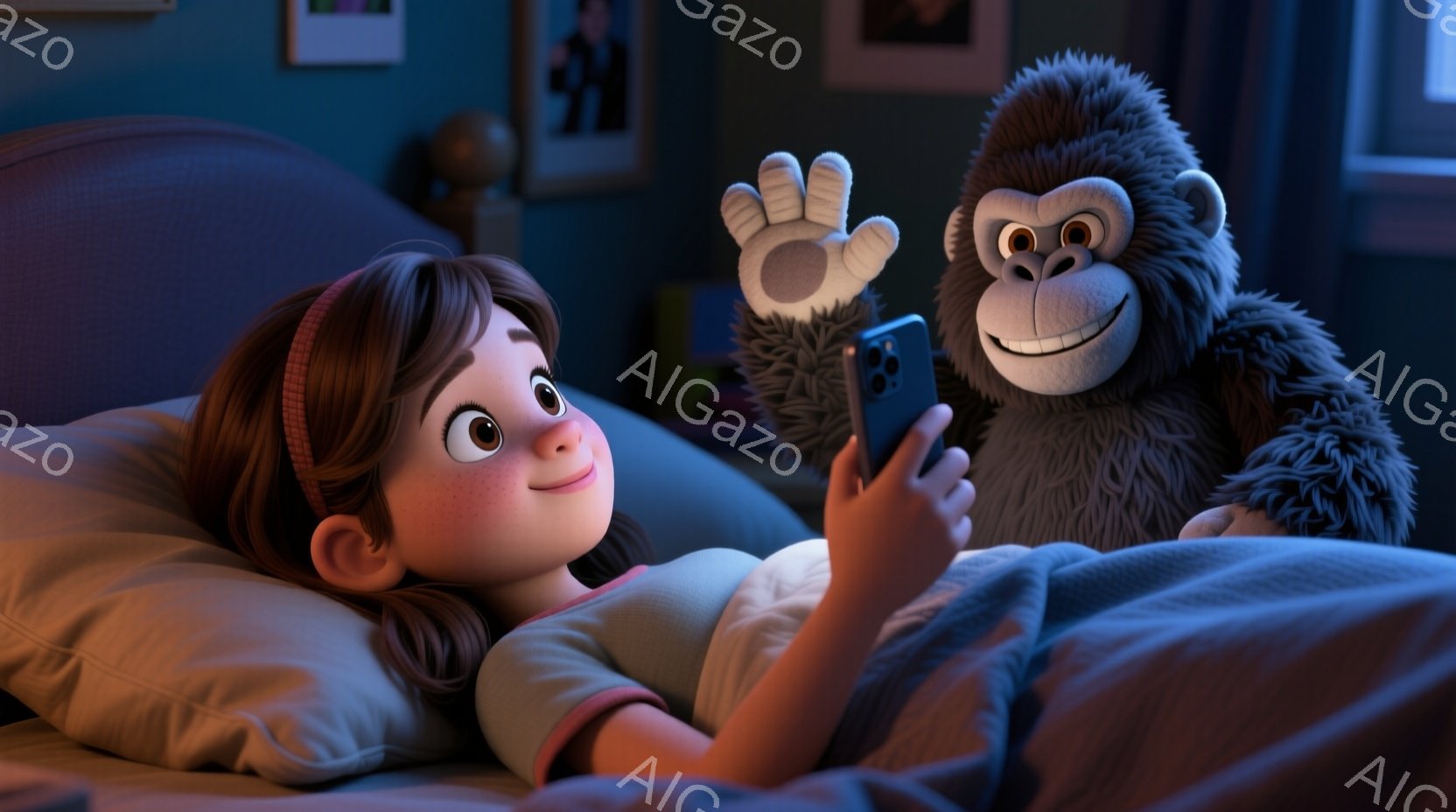 少女はベッドに横たわり、スマートフォンを見つめています。彼女はピンク色のパジャマを着ており、茶色の髪を後ろで結んでいます。笑顔で画面を見ている表情は、楽しげでリラックスしています。毛並みの良いゴリラの - AI生成フリー素材