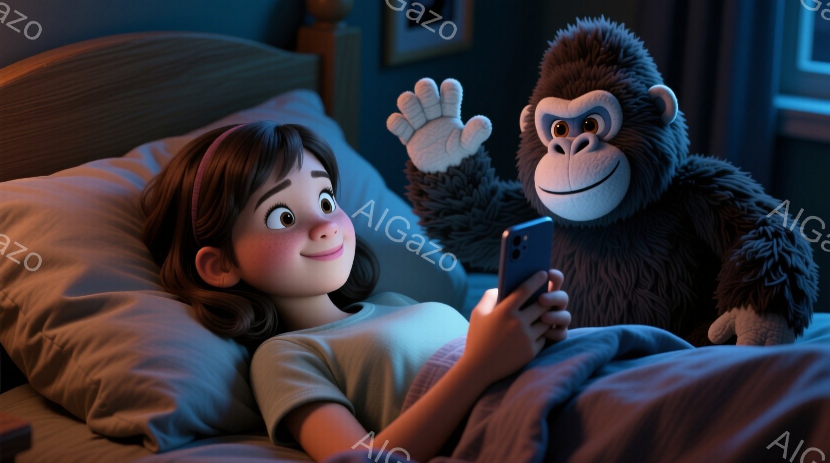 茶髪で前髪を分け、ピンク色のヘアバンドをつけた少女がベッドに横たわり、スマートフォンを見つめています。隣には、手を振っているふわふわの黒いゴリラの人形がいます。背景は薄暗く、ベッドサイドテーブルや壁が - AI生成フリー素材