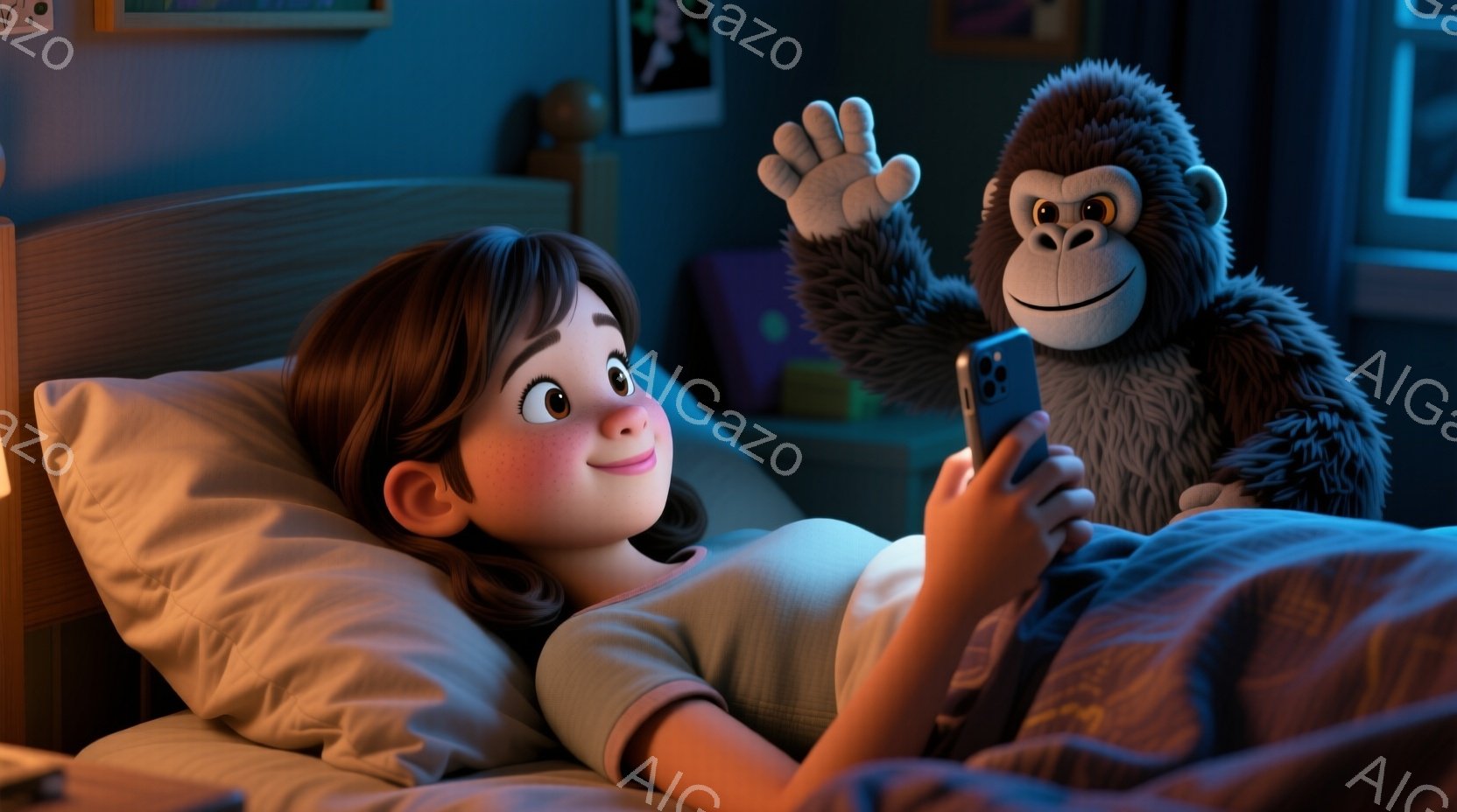 少女はベッドに横たわり、スマートフォンを見下ろしています。彼女は短い茶色の髪をしており、顔には微笑みが浮かんでいます。背景には、ベッドサイドテーブル、絵画、そして薄暗い部屋の光が確認でき、リラックスした夜の雰囲気が漂っています。