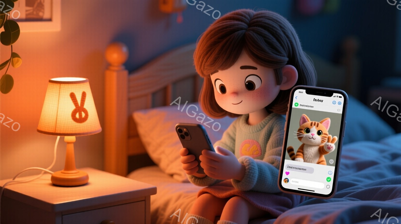 女の子がベッドに座ってスマートフォンを見ています。彼女はピンク色のセーターを着ており、明るい茶色の髪をしています。背景には、オレンジ色のランプが置かれたナイトテーブルがあり、暖かく、心地よい雰囲気です。