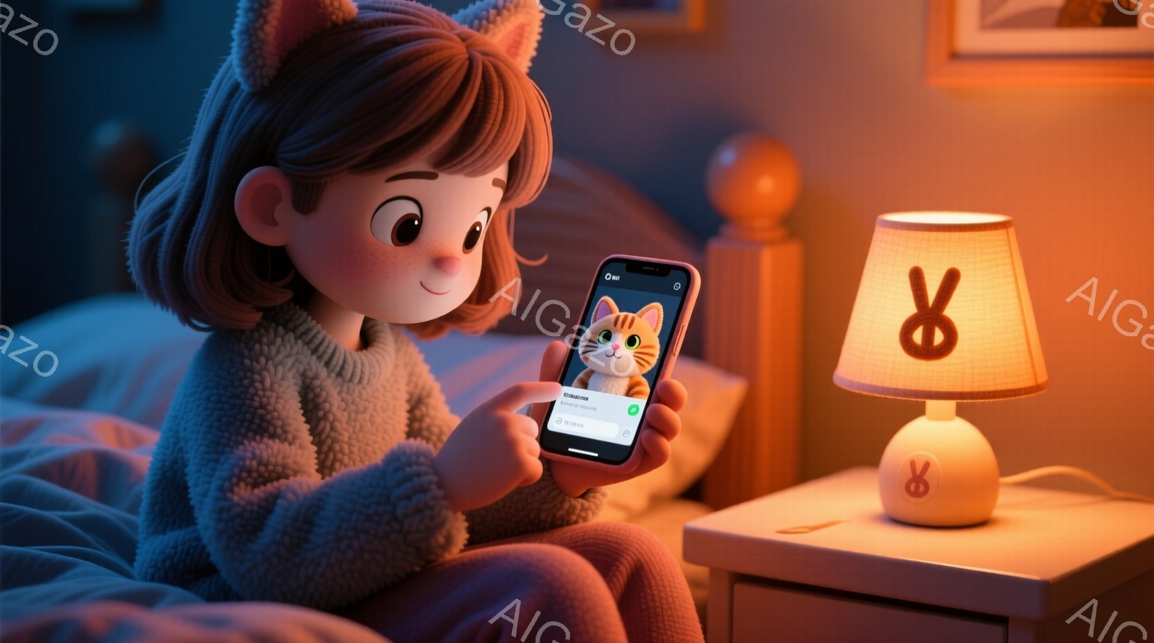 明るい色のセーターを着た少女がベッドに座り、スマートフォンを見ている。彼女は巻き毛の髪型で、大きな目で猫の画像を見つめ、楽しそうな表情をしている。背景にはナイトスタンドと可愛らしいウサギのモチーフが施されたランプがあり、部屋は暖かく、心地よい雰囲気が漂っている。