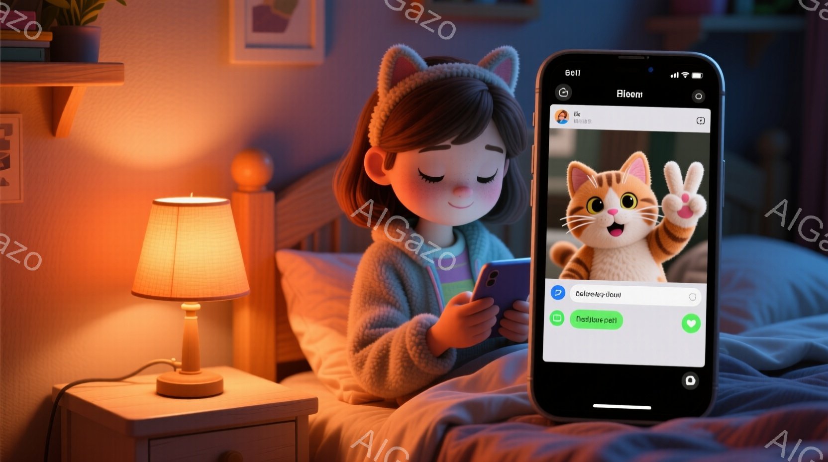 明るいランプの光の下、ベッドに座った少女がスマートフォンを見つめている。彼女は薄紫色のセーターを着て、赤い髪をポニーテールにしている。画面には愛らしい子猫の画像が表示されており、少女は楽しそうな表情でそれを見ている。