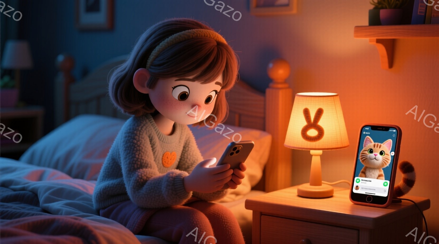 明るいオレンジ色の背景に、ベッドに座ってスマートフォンを見ている若い女の子が描かれています。彼女はクリーム色のセーターを着ており、肩までかかる茶色の髪をしています。彼女の表情は穏やかで、楽しんでいるようです。