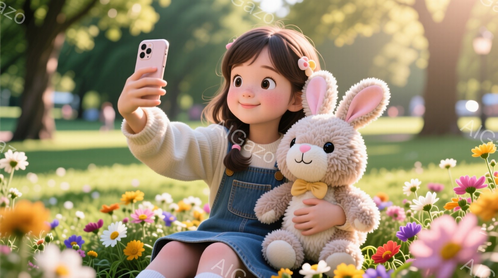 金髪の少女は、白いセーターとデニムのオーバーオールを着て、花畑に座っています。彼女は笑顔で、大きなふわふわのウサギのぬいぐるみを抱きしめながら、スマートフォンで自撮りをしています。背景には緑豊かな木々が生い茂り、晴れた日差しが降り注ぎ、明るく平和な雰囲気を醸し出しています。