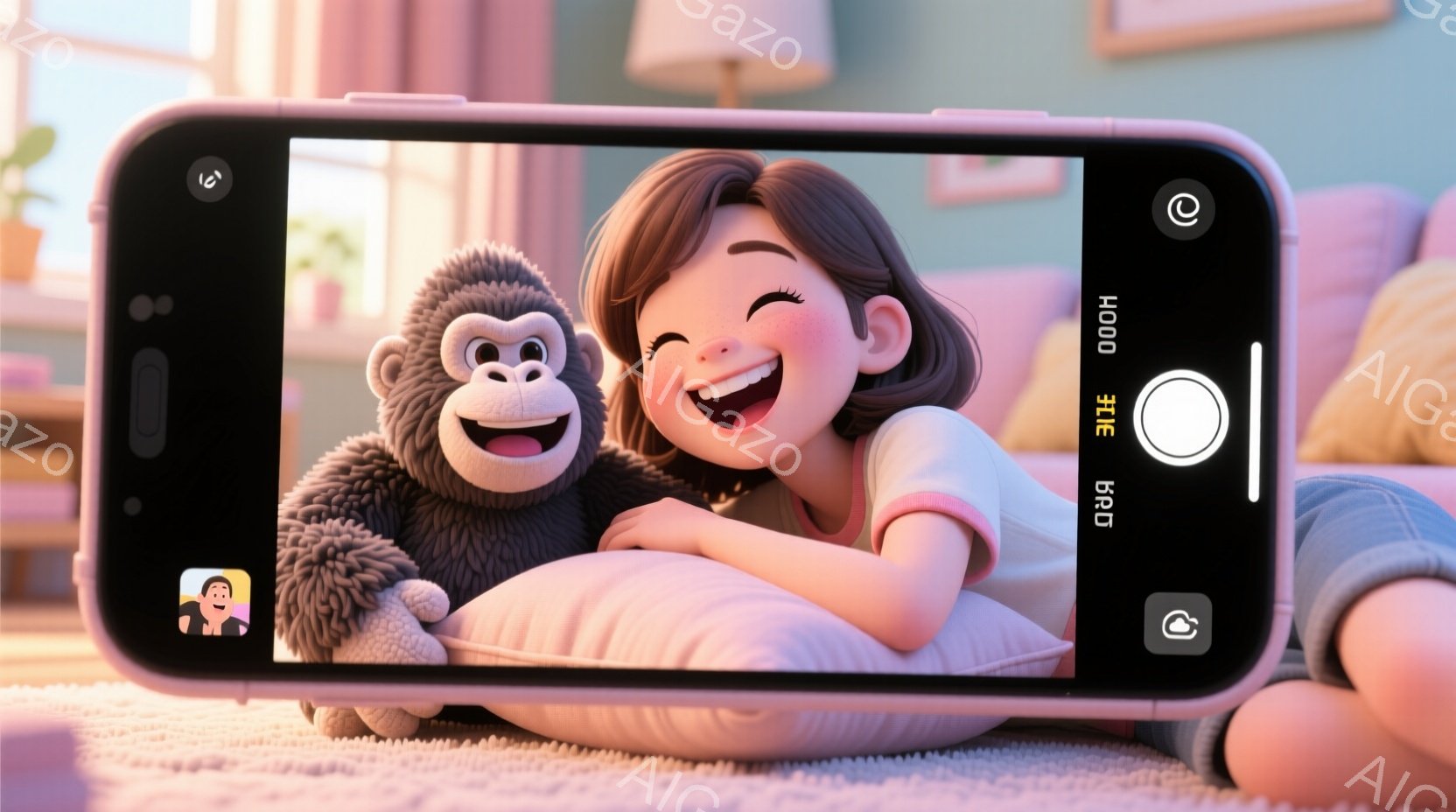 少女は明るい笑顔で、ふわふわの大きなゴリラのぬいぐるみを抱きかかえて横たわっています。彼女は白のTシャツを着ており、茶色のゆるいウェーブヘアをしています。背景には、柔らかいピンクと紫色のクッションが置かれたリビングルームが見え、全体的に温かく、幸せな雰囲気が漂っています。