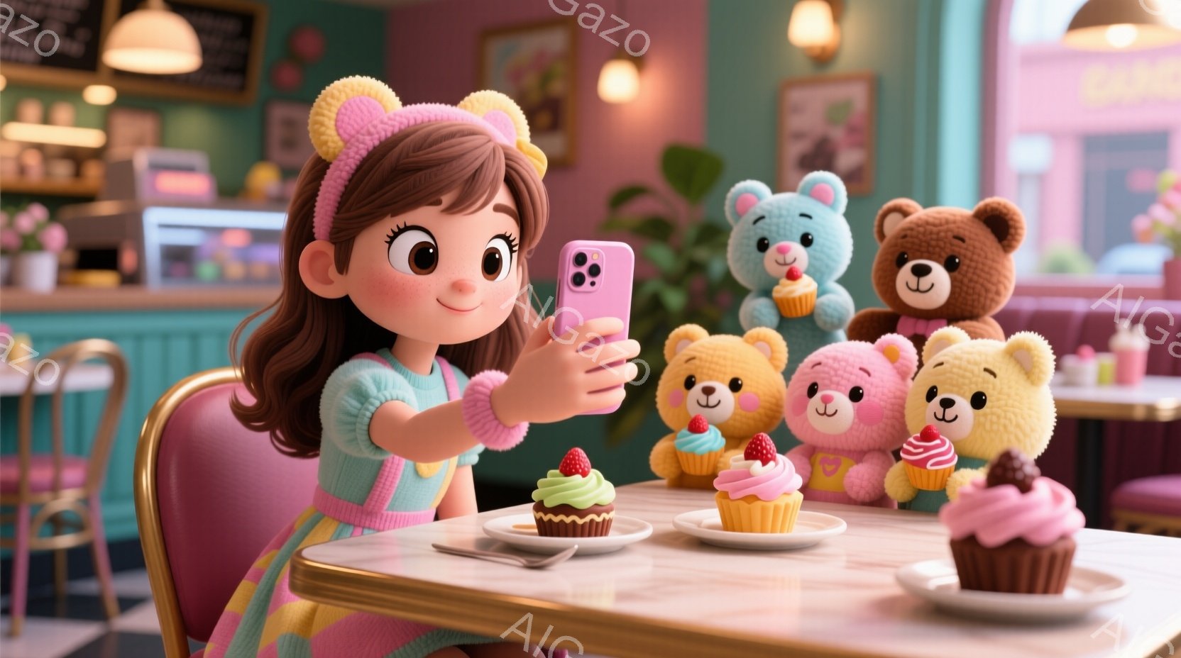 明るいピンクと水色のストライプのテーブルに座った少女が、スマートフォンでカップケーキの写真を撮っています。彼女は茶色の巻き毛にピンクのリボンをつけており、水色のトップスにピンクと黄色のストライプのスカートを履いています。背景には、様々な色のカップケーキと、カップケーキを手に持った可愛いテディベアたちが並び、まるでカフェのような温かくて楽しい雰囲気が漂っています。