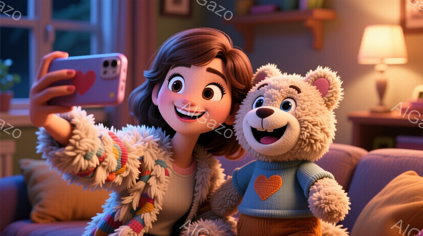 少女はふわふわのクリーム色のカーディガンを着て、巻毛の髪をしています。彼女はテディベアと一緒にソファに座り、スマートフォンで自撮りをしています。背景には暖色系の照明と、ぼんやりと見える家具があり、温か - AI生成フリー素材