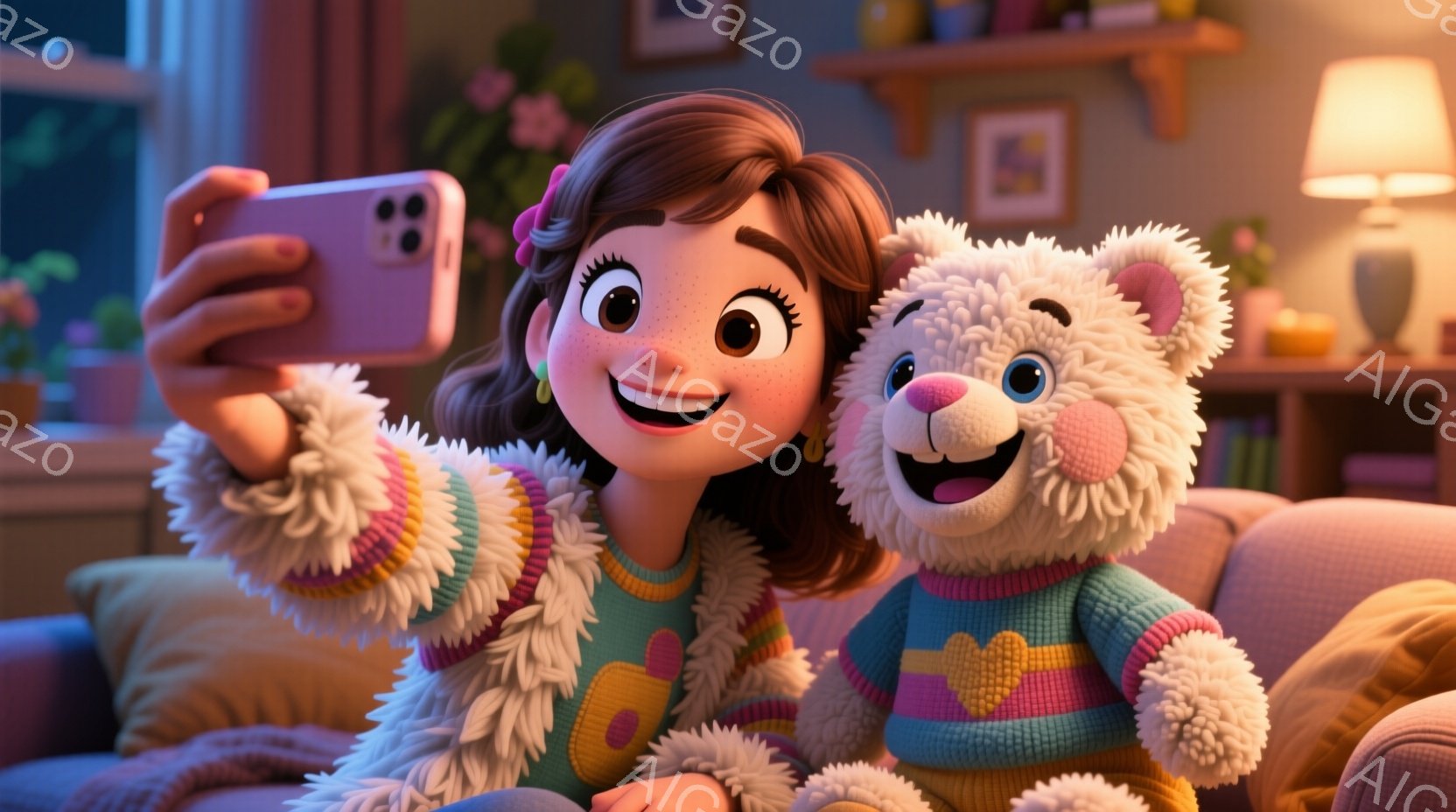 少女は、ふわふわのオフホワイトのニットカーディガンと、緑と黄色のストライプが入ったトップスを着て、ソファに座っています。彼女は明るい笑顔を浮かべ、片手にスマートフォンを持ち、自撮りをしています。背景には本棚や枕、温かい色の照明があり、全体的に温かく幸せな雰囲気を醸し出しています。