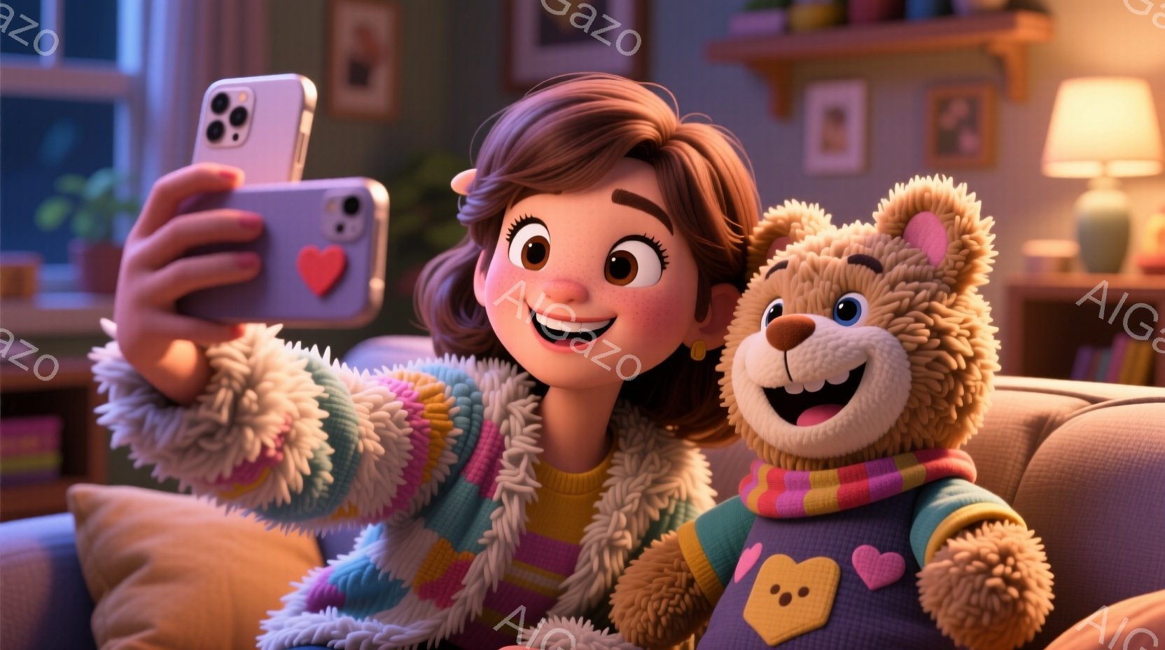 長い茶色の巻き毛の少女が、ふわふわのクマのぬいぐるみとソファに座って自撮り写真を撮っています。彼女はクリーム色のセーターにカラフルなストライプのカーディガンを着ており、顔には笑顔が浮かんでいます。背景 - AI生成フリー素材