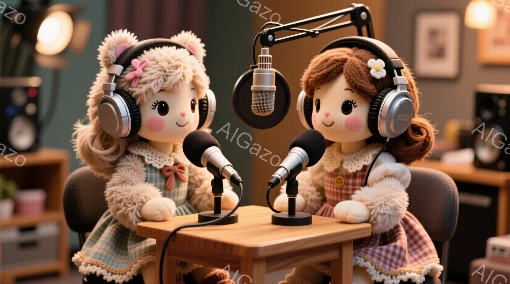 ふわふわの毛並みを持つ2体の人形が、木製のテーブルを挟んで対面して座っています。それぞれピンクと茶色のワンピースを着ており、頭にはヘッドフォン、耳の上にはリボンをつけています。背景には本棚やランプが見え、ラジオのようなレトロな機器も置かれており、温かく親しみやすい雰囲気です。