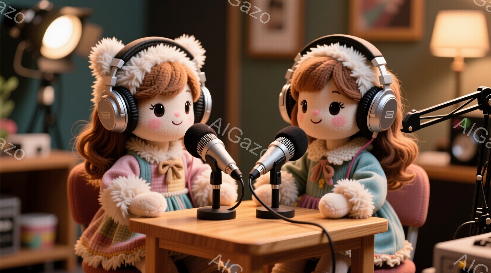 ふわふわの茶色の髪に、大きな目で可愛らしい女の子の人形が二人、木製のテーブルを挟んで向かい合って座っています。ピンクとベージュのセーターに、ふわふわの襟がついており、ヘッドフォンを装着しています。背景 - AI生成フリー素材