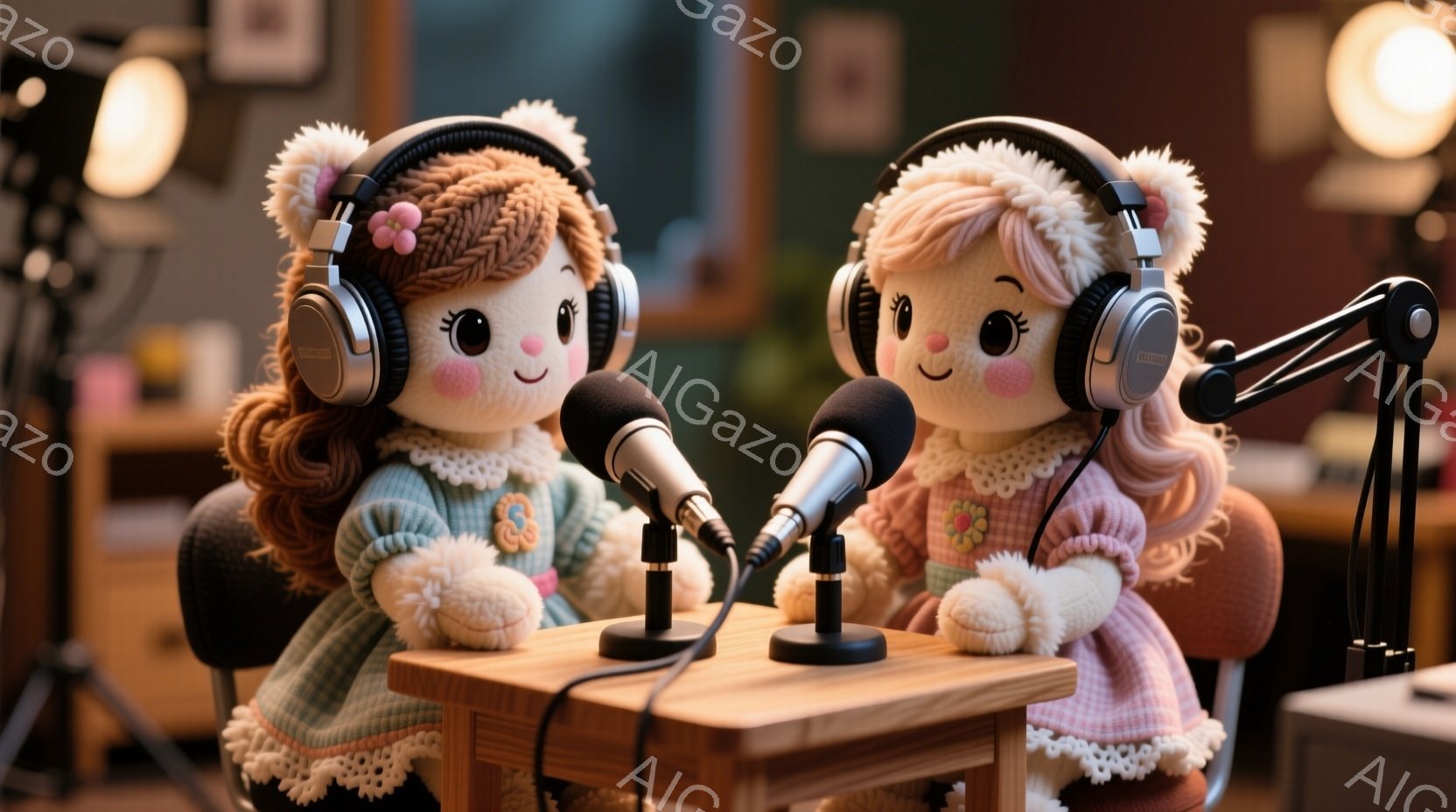 ふわふわしたピンク色の髪に大きな瞳を持つ、可愛らしい人形が二人、木製のテーブルを挟んで向かい合って座っています。人形たちはクリーム色のセーターと水色のスカートを身に着け、頭にはヘッドホンを装着しています。テーブルの上には二つのマイクが置かれ、ラジオ番組やポッドキャストの収録をしているような雰囲気です。