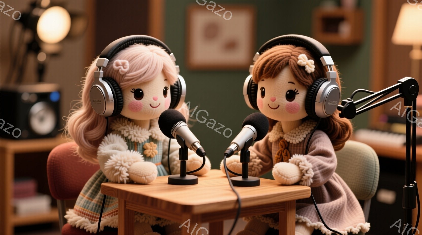 二つの人形が、木製のテーブルを挟んで向かい合って座っています。人形はそれぞれピンクと茶色の巻き髪で、ヘッドフォンを装着し、マイクに向かって話しているようです。背景には、緑色の壁と家具、そしてぼんやりと - AI生成フリー素材