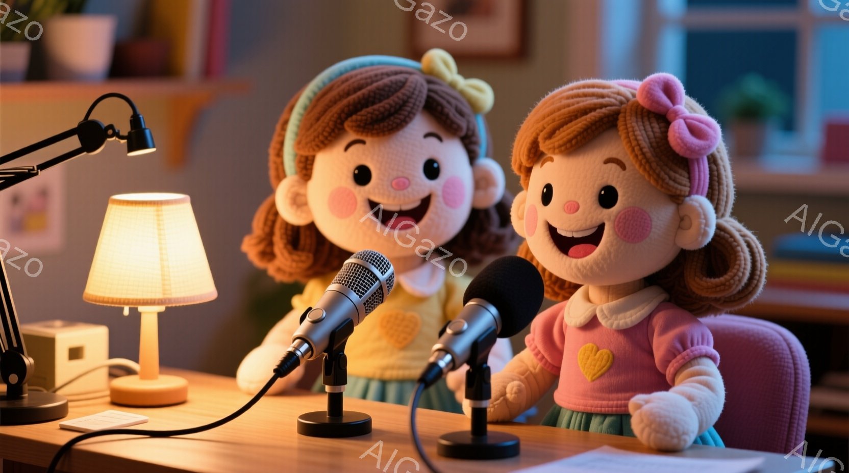 ふたつの人形が麦わら帽子をかぶり、明るいピンク色の椅子に座ってマイクに向かっています。人形は明るい色の服を着ており、笑顔で楽しそうに見えます。背景には、柔らかい光を放つランプと、ぼやけた家具が見え、全 - AI生成フリー素材