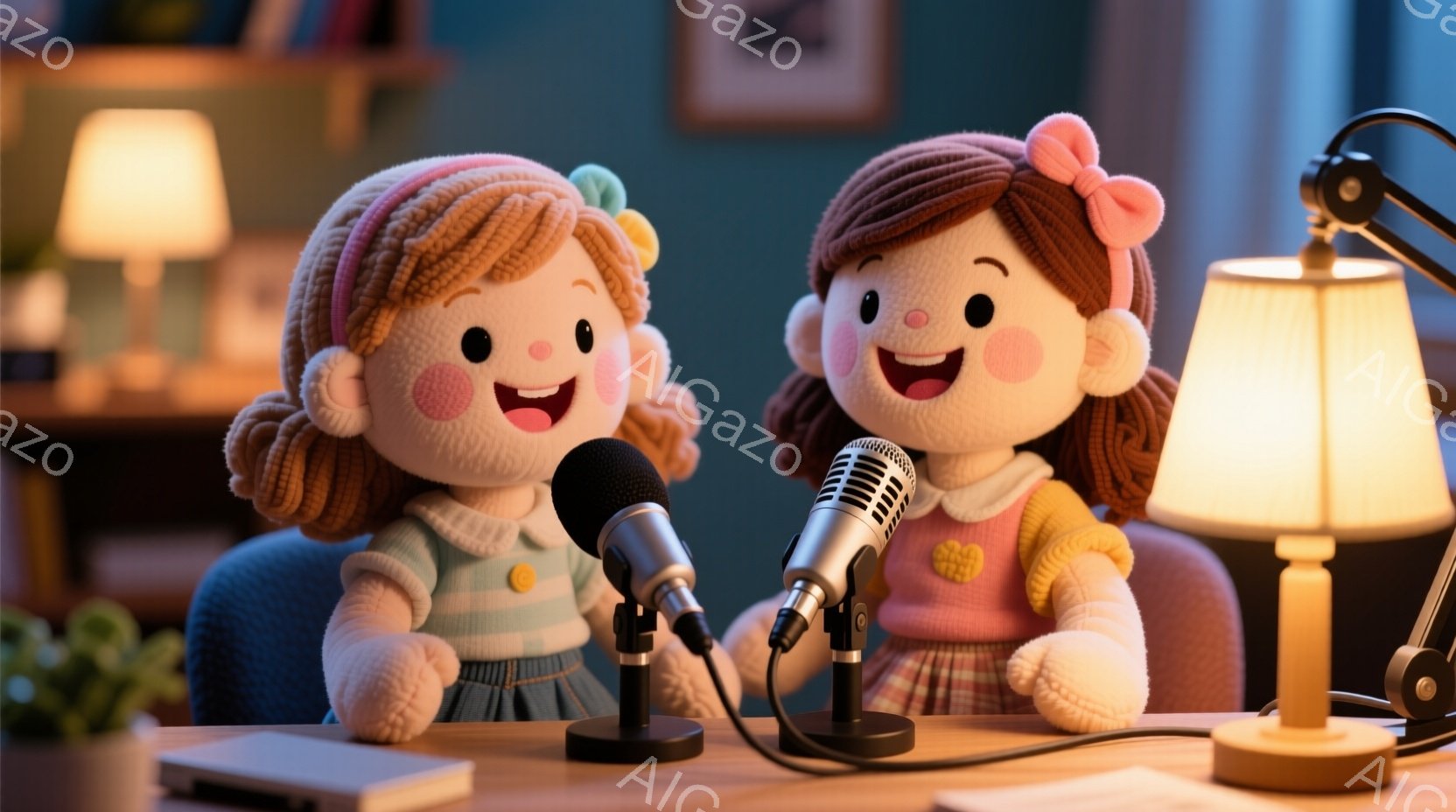 二人の人形がテーブルを挟んで並んで座っており、中央にはマイクが置かれています。人形は巻き毛の茶髪で、白い襟のついたピンクのセーターとプリーツスカートを着ています。顔には笑顔が浮かび、明るく温かい雰囲気 - AI生成フリー素材