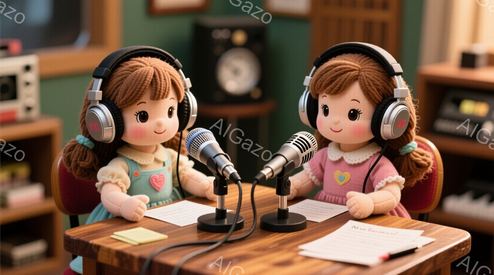 2人の女の子の人形が、マイクを挟んで座っています。ピンク色の服を着て、頭にはヘッドホン、髪は2つの小さな三つ編みに結ばれています。背景にはラジオや家具があり、どこか懐かしい雰囲気のラジオ番組の収録現場のようです。