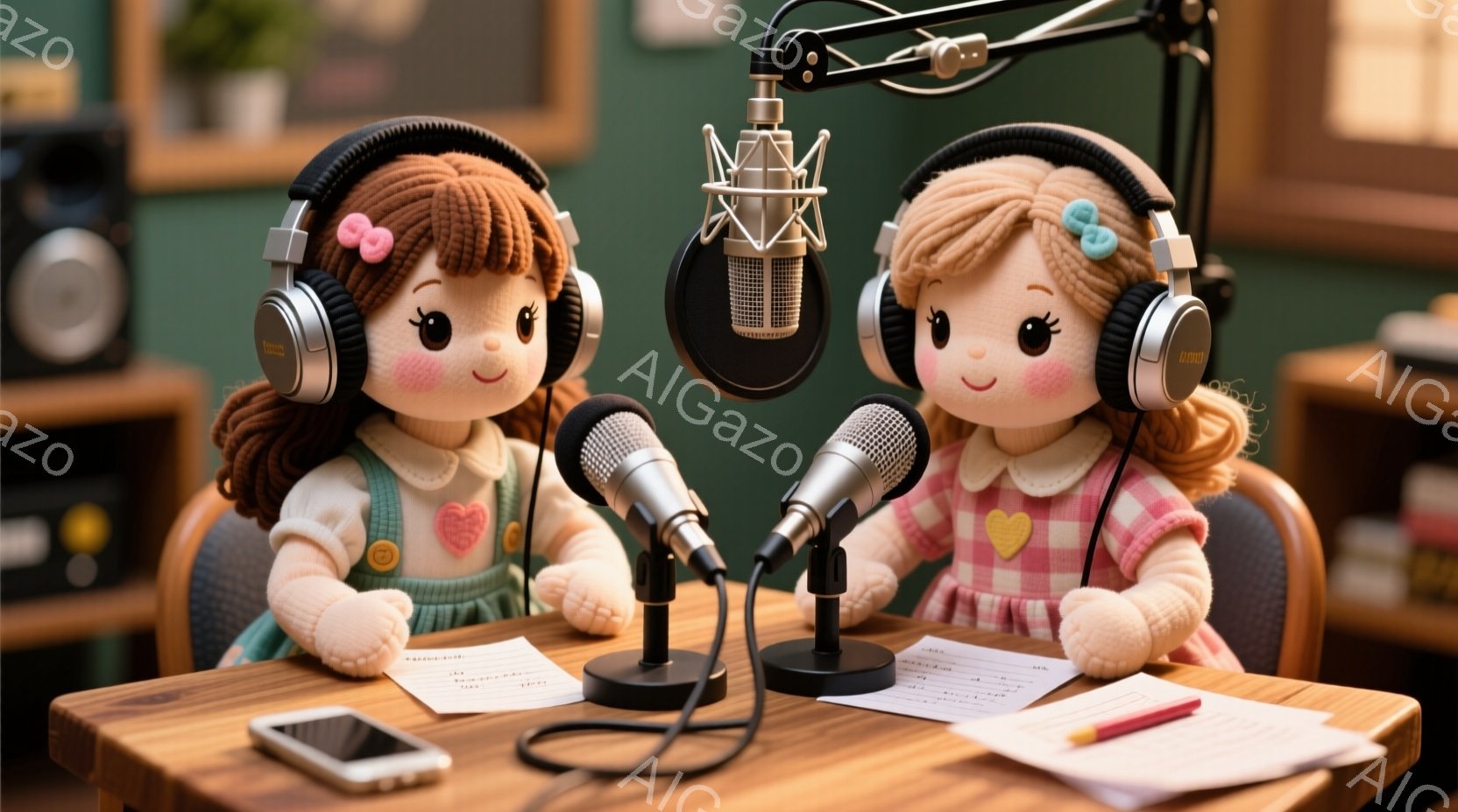 二人の人形が、木製のテーブルを挟んで対面し、それぞれヘッドホンを装着しています。人形たちはピンク色の頬と大きな瞳を持ち、可愛らしい服装をしています。テーブルの上には原稿用紙とペン、スマートフォンが置かれ、背景には本棚と椅子が見え、温かく親密な雰囲気です。