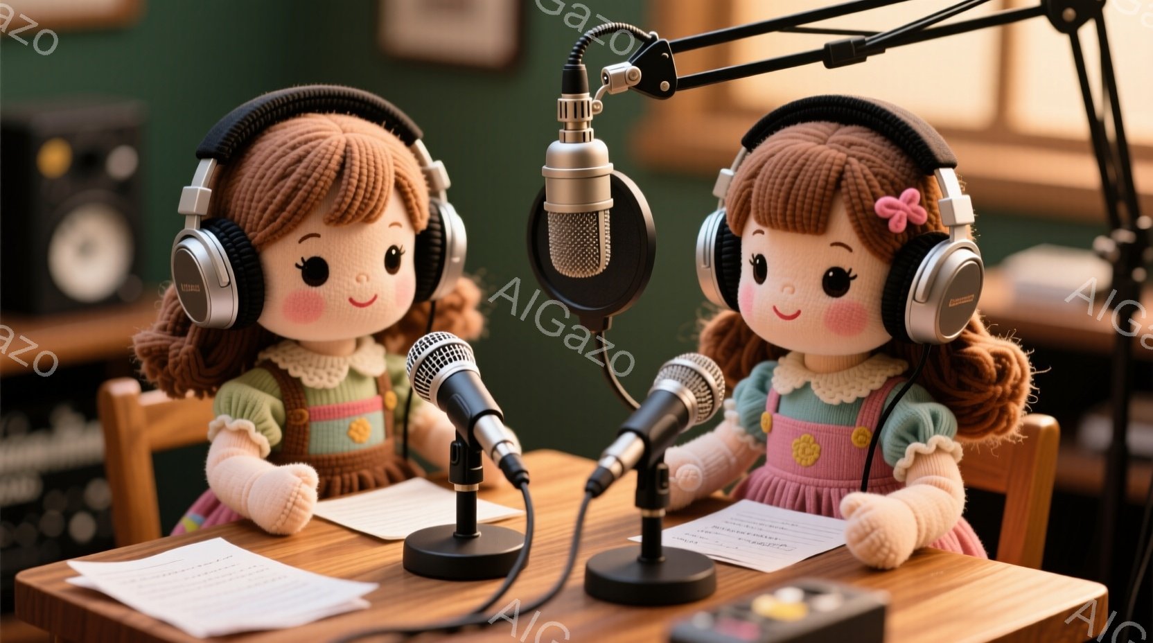 2体の人形が、木製のテーブルを挟んで向かい合って座っており、それぞれヘッドセットを装着し、マイクに向かっています。人形は、クリーム色のセーターと花柄のスカートを着ており、明るい笑顔を浮かべています。背 - AI生成フリー素材