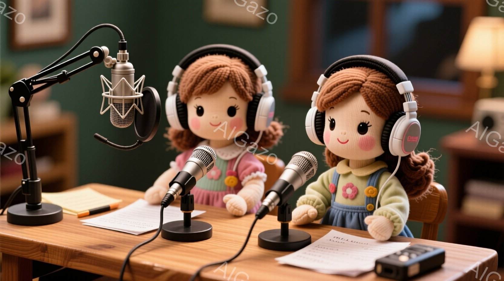 2体の人形が、木製のテーブルを挟んで向かい合って座っており、それぞれマイクに向かって話しているように見えます。人形は同じ服装で、ピンク色のワンピースと茶色の巻き毛、そして笑顔の表情をしています。背景にはラジオや紙などが置かれ、レトロな雰囲気のスタジオのような空間が広がっています。