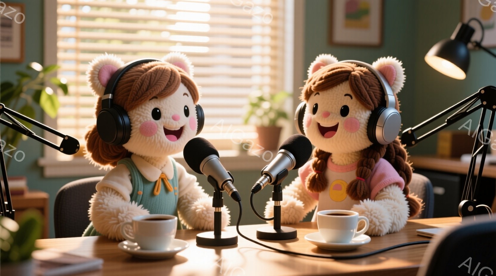 ふわふわの毛並みを持つ、ピンクの頬と茶色の髪を二つに結んだ女性のぬいぐるみのようなキャラクターが二人、マイクの前で座っています。彼らはヘッドフォンを装着し、笑顔で何かを話している様子で、テーブルの上にはコーヒーカップが置かれています。背景には窓があり、植物が置かれた部屋で、温かく、親しみやすい雰囲気です。