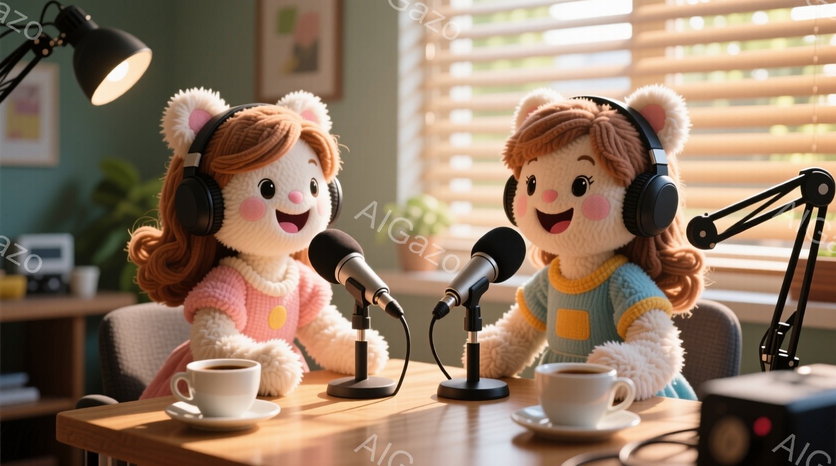 ふわふわの白い毛並みを持つ、可愛らしい女性のぬいぐるみが二人、マイクに向かって座っています。ピンク色のセーターにクリーム色のボトムス、頭には短い巻き毛の茶色の髪と、黒いヘッドホンを着用し、笑顔で楽しそうに話している様子です。背景には、観葉植物や本棚があり、温かく居心地の良い雰囲気のポッドキャスト収録室のように見えます。
