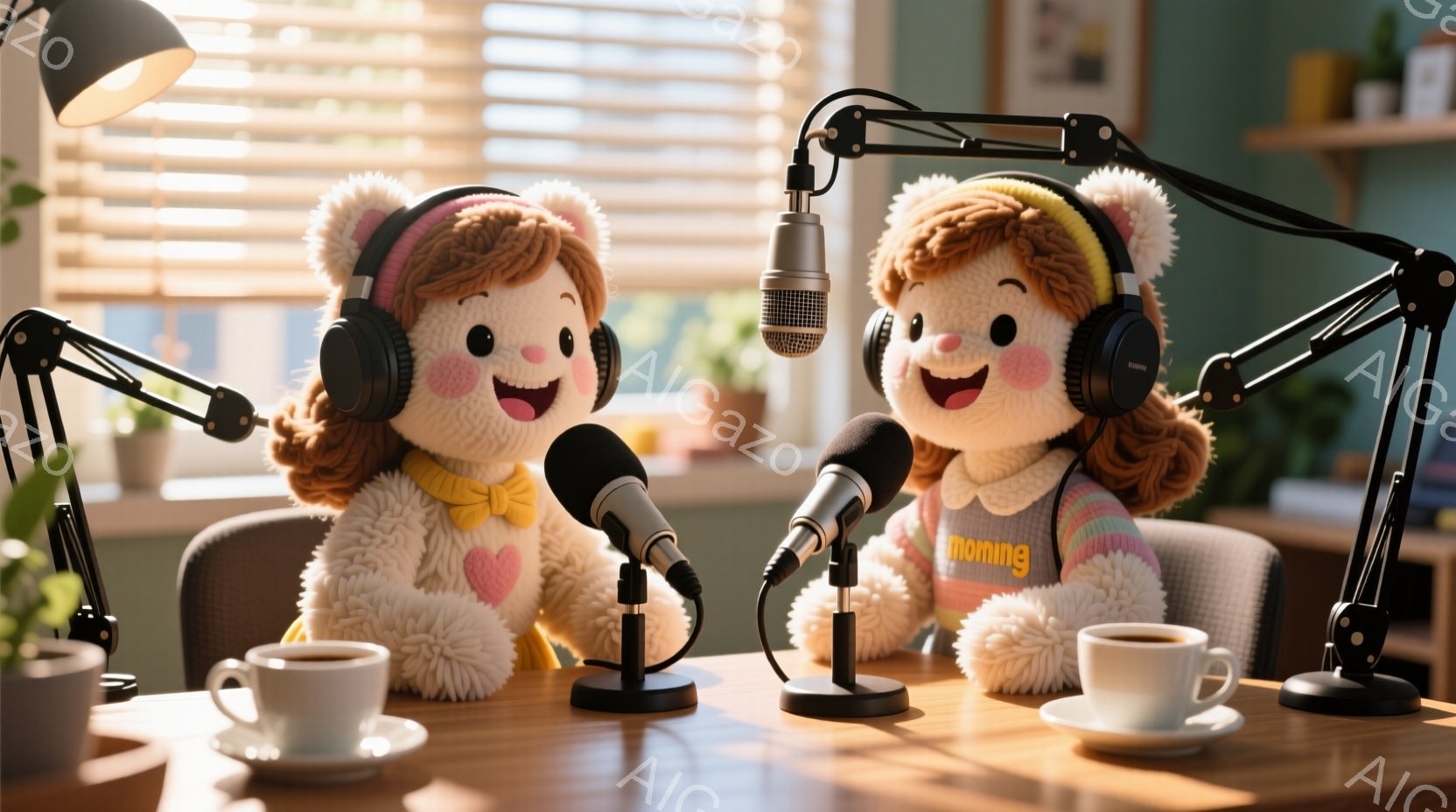 ふわふわとしたテディベアのようなキャラクターが2体、マイクに向かって座っています。キャラクターはピンクのオーバーオールと、ハートのモチーフが付いたシャツを着ており、ヘッドホンを装着しています。背景には木製のテーブル、コーヒーカップ、そしてぼやけた室内が映っており、暖かく穏やかな雰囲気です。