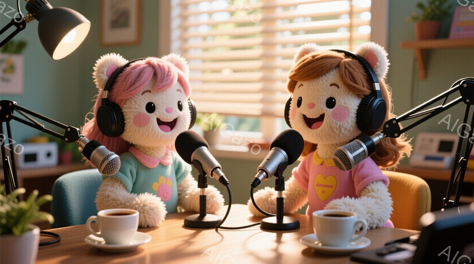 ふわふわのクリーム色のクマのぬいぐるみたちが、それぞれ青緑色の椅子に座ってマイクに向かっています。ピンク色の髪型で、それぞれ異なるデザインのピンク色のセーターを着ており、明るい笑顔を浮かべています。背景には木製のテーブル、コーヒーカップ、植物、そして暖色系のインテリアが見え、温かく親しみやすい雰囲気です。