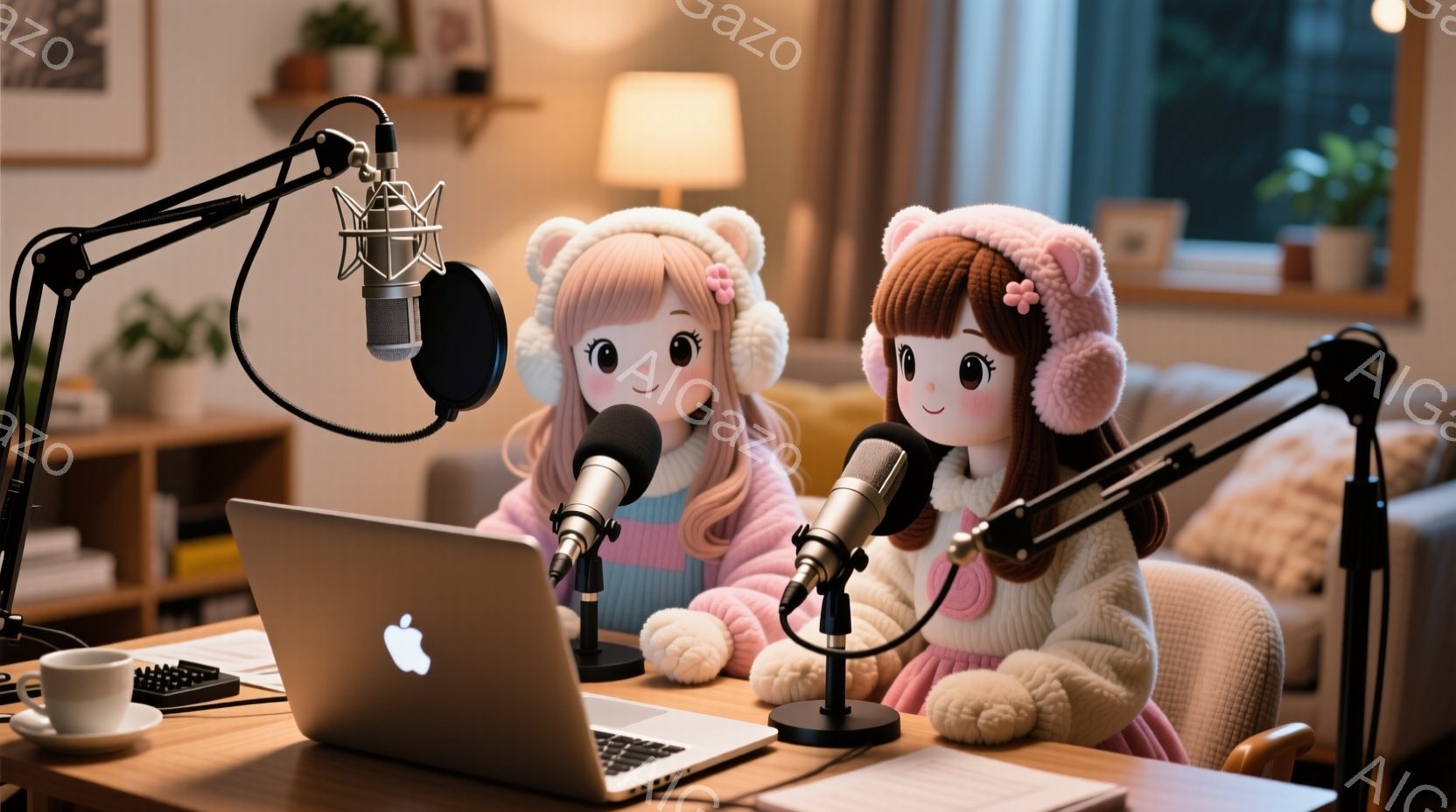 明るい木製の机の上に、可愛らしい人形が二体並んで座っており、それぞれマイクに向かって何かを話しているように見える。人形たちはピンク色の帽子を被り、柔らかいセーターを着ており、大きな瞳で正面を見つめている。背景には本棚や観葉植物、そして窓から見える夜の景色がぼやけており、温かく居心地の良い雰囲気が漂っている。
