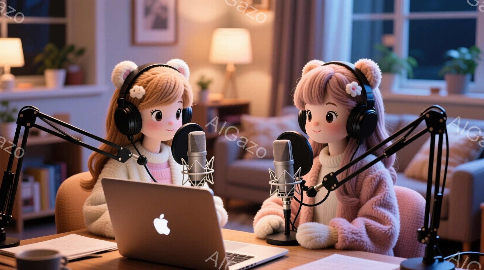 明るい室内で、可愛らしいアニメ風の女性が二人、マイクに向かって座っています。ピンク色のふわふわしたセーターを着ており、髪は明るい茶色で、頭に花飾りをつけたヘアバンドをしています。彼女たちは笑顔で、ノートパソコンを挟んで向かい合っており、リラックスした雰囲気で何かを話している様子です。