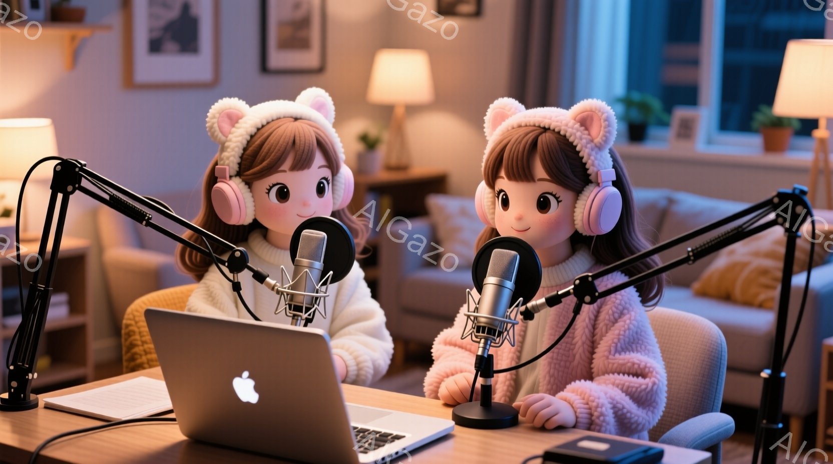 暖炉のあるリビングに、可愛らしい女の子が二人並んで座っており、それぞれマイクとヘッドホンを装着しています。彼女たちはふわふわのピンク色のセーターを着ており、茶色の髪はサイドにポンポンがついたヘアスタイ - AI生成フリー素材