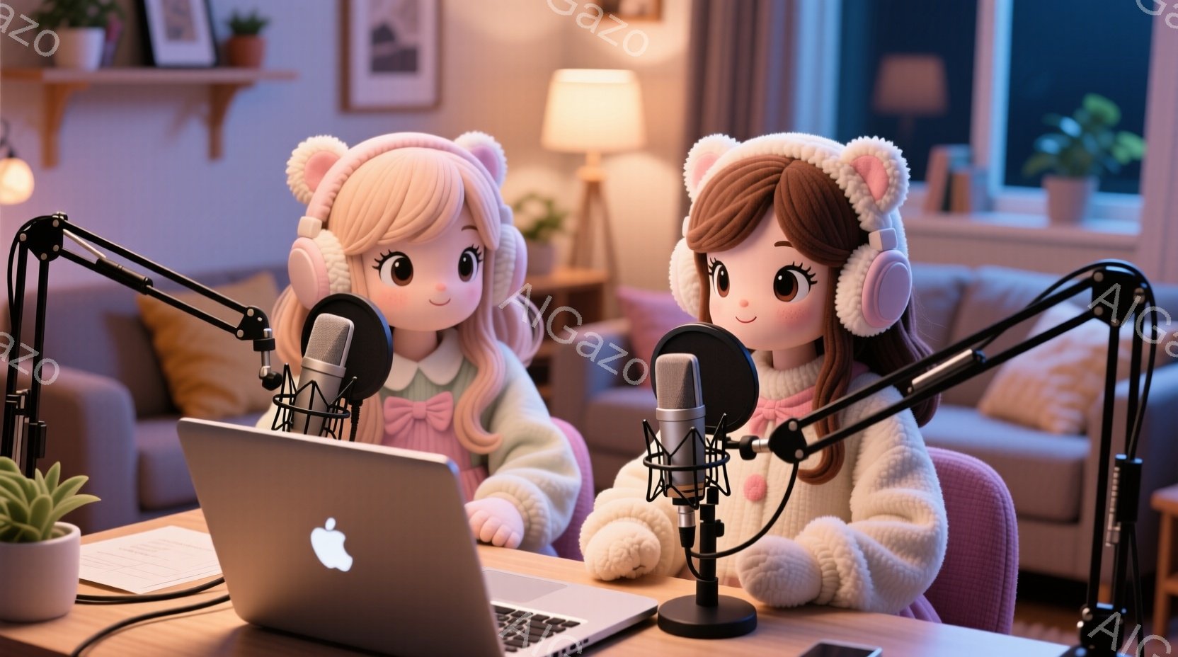 2人の若い女性が机の前に座り、それぞれマイクとヘッドホンをつけている。彼女たちはふわふわしたクリーム色のパーカーを着ており、髪は茶色で、ヘッドホンに合うようにふわふわの耳がついています。背景には、植物、ランプ、そして窓からの穏やかな光が見え、全体的に温かく、リラックスした雰囲気です。