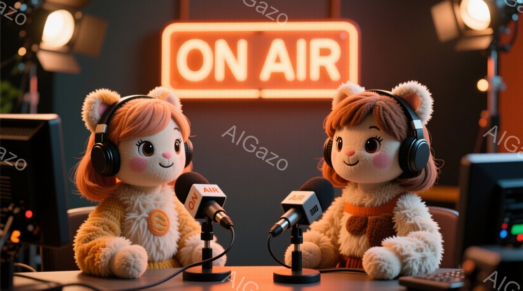 明るいオレンジ色の背景に、ヘッドフォンをつけた可愛らしい人形が2体、マイクに向かって座っています。人形はクリーム色のふわふわとした体に、オレンジ色のセーターを着ており、髪は明るい茶色のカールヘアです。背景には、「ON AIR」と書かれた赤いネオンサインがあり、ラジオ放送のスタジオのような雰囲気です。