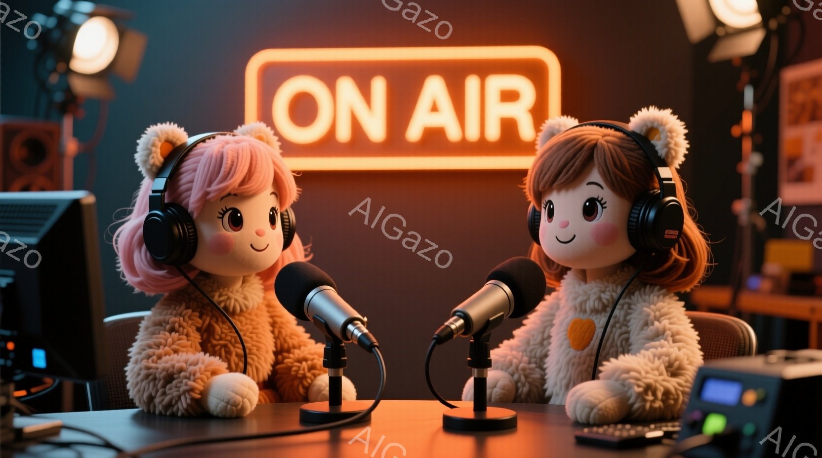 鮮やかなオレンジ色のフリースのようなジャケットを着た、同じように見える2人の女性が映っています。彼女たちはそれぞれヘッドセットを装着し、マイクに向かって座っており、表情は穏やかで微笑んでいます。背景には放送設備があり、「ON AIR」のネオンサインが光り、ラジオ放送スタジオの雰囲気です。