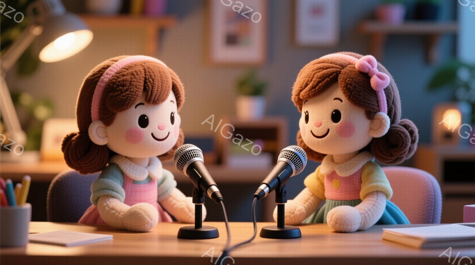 ふわふわとした毛糸で作られたような人形が二人、机を挟んで向かい合って座っています。ピンク色のワンピースに、髪は茶色で二つのリボンをつけています。背景には植物や絵画が見え、穏やかで温かい雰囲気です。 - AI生成フリー素材