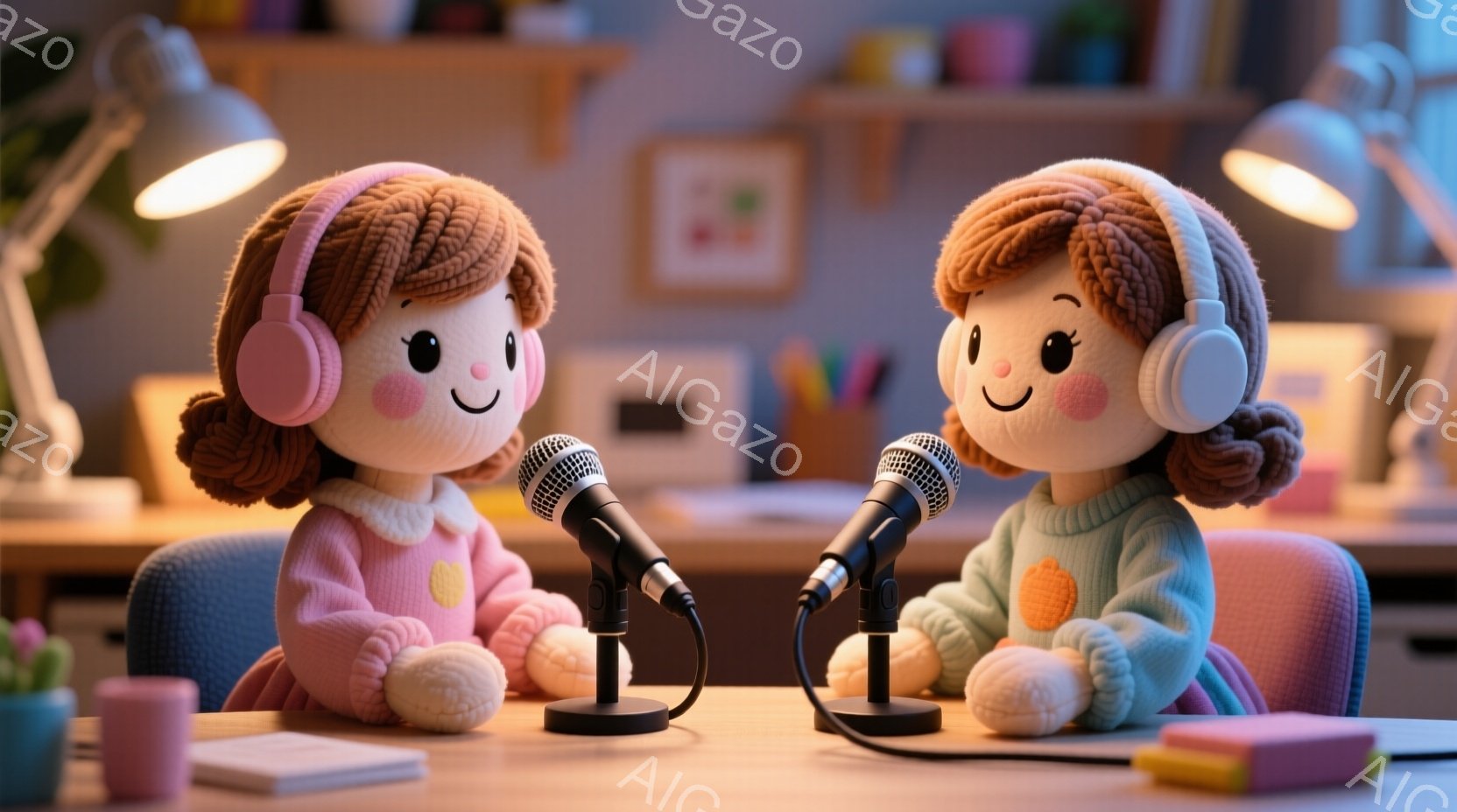 ふわふわした毛糸で作られたような、可愛らしい女の子の人形が二人、机を挟んで向かい合って座っています。ピンクと水色のセーターを着て、大きなヘッドホンを装着し、前に置かれたマイクに向かって何か話しているよ - AI生成フリー素材