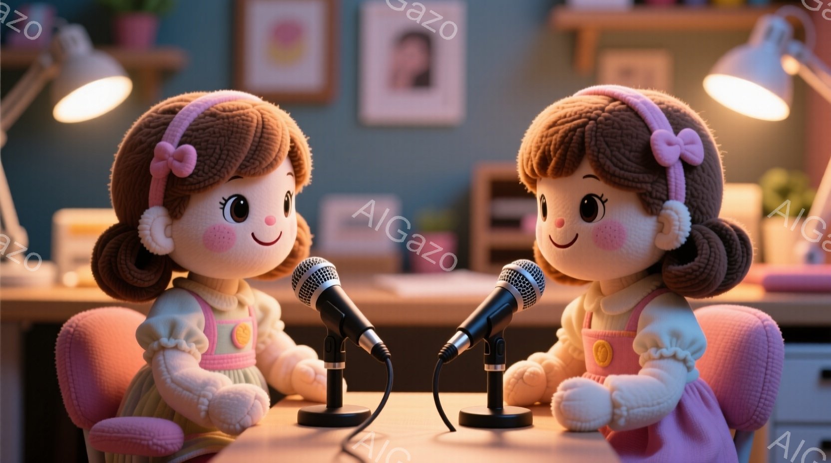 ふわふわとした毛糸で作られたような女の子の双子が、ピンク色の椅子に座ってマイクに向かっています。双子は、ピンク色のオーバーオールと白い靴下を履き、髪は茶色で、頭にはリボンをつけています。背景には、本棚 - AI生成フリー素材