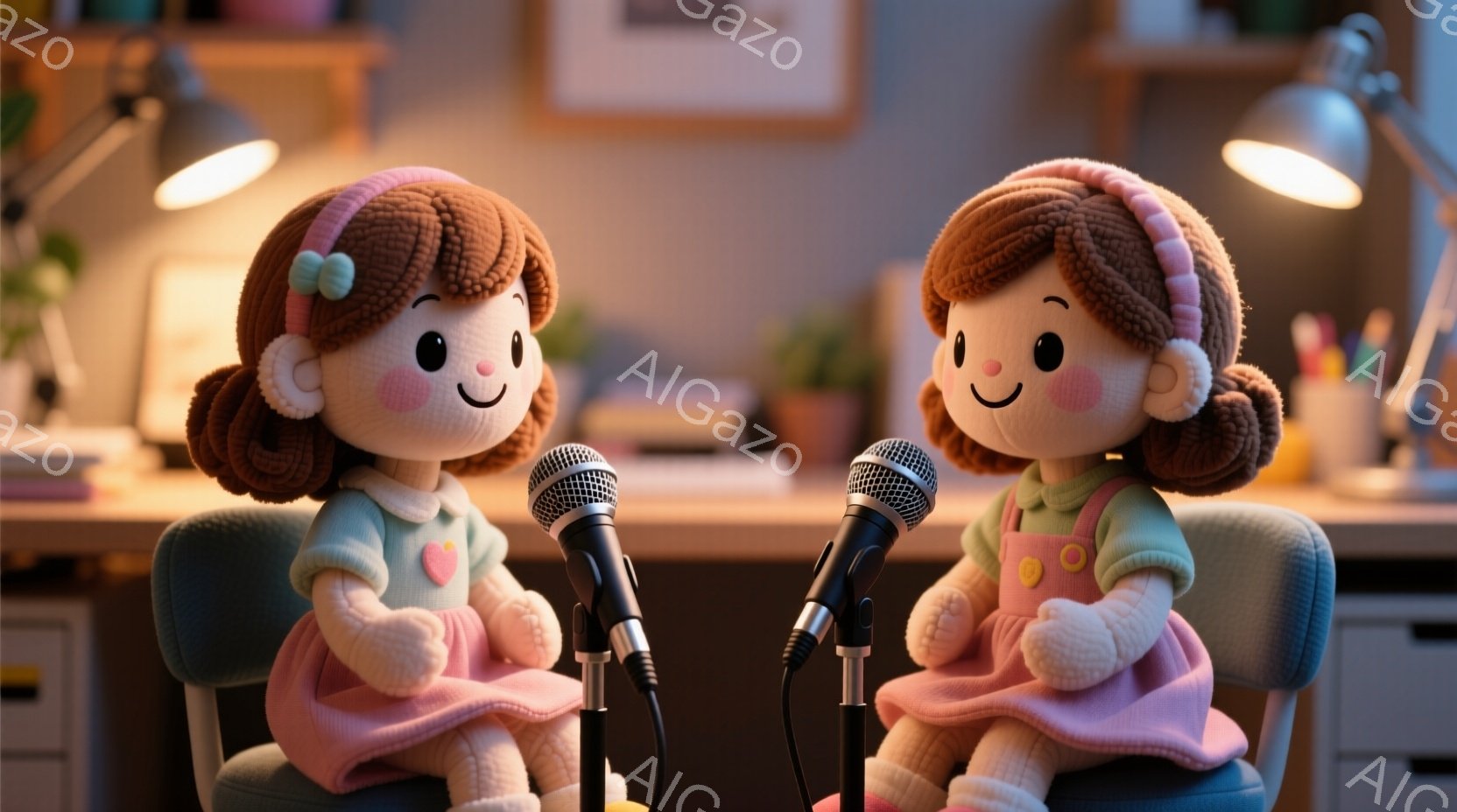 ふわふわとした質感の女の子の人形が2体、それぞれ椅子に座ってマイクに向かっています。ピンクと緑の可愛らしいワンピースを着ており、髪はカールしてヘッドフォンをつけています。背景には机、文房具、植物があり、全体的に温かく、遊び心のある雰囲気が漂っています。