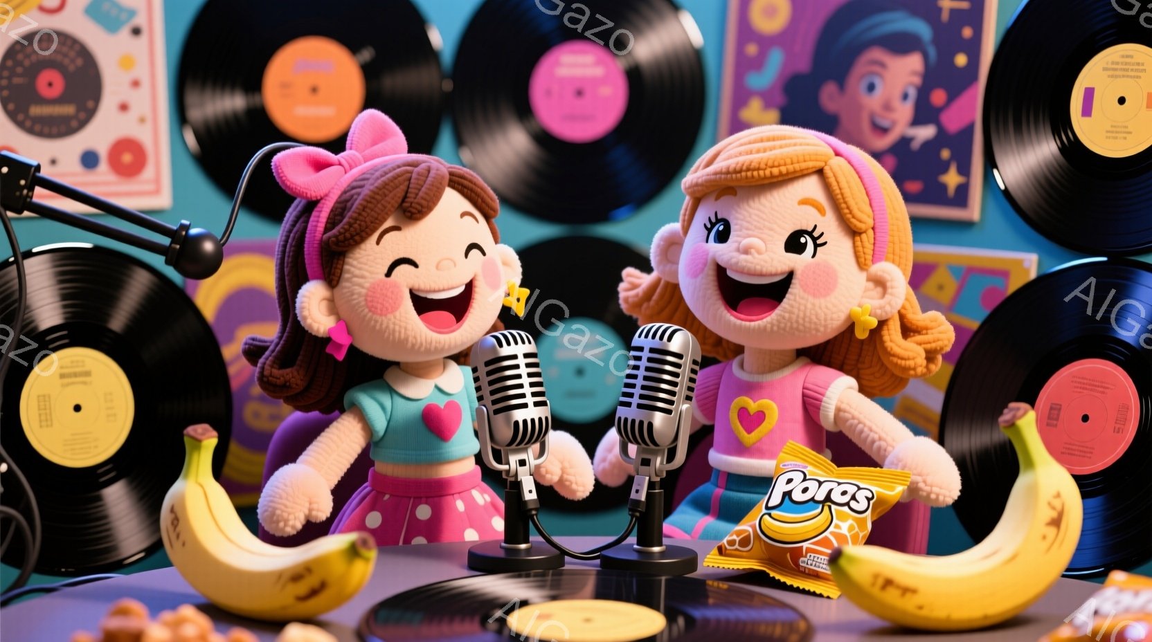 明るいピンク色の背景を背景に、2人の若い女性がマイクに向かって笑顔で歌っている様子が描かれています。彼女たちはピンク色のドレスを着ており、髪は金髪でカールしています。背景にはレコードやバナナ、お菓子のパッケージが散りばめられており、陽気で楽しい雰囲気を醸し出しています。