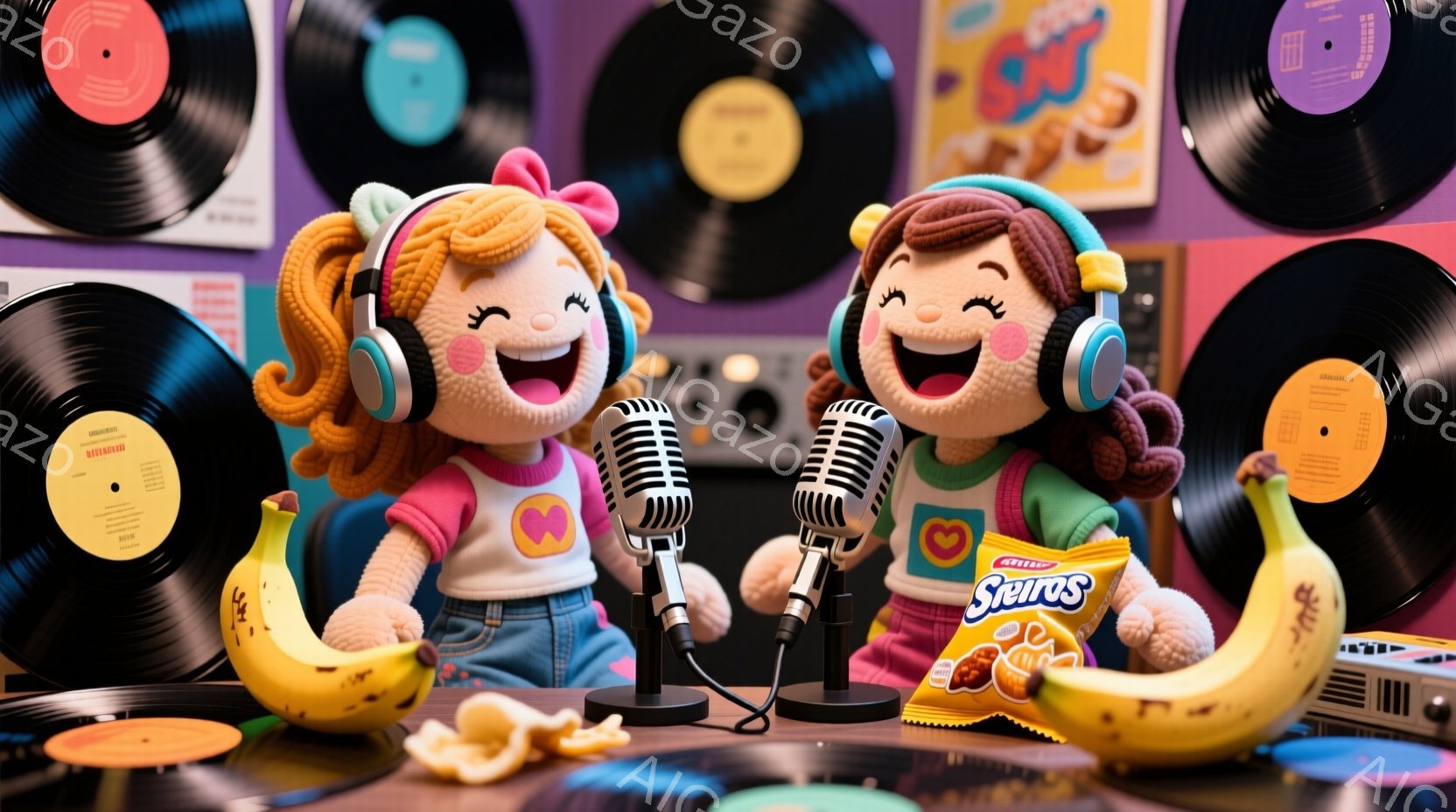 2人の人形がマイクに向かって笑顔で話しています。明るいピンク色の服を着ており、髪は巻き毛で、頭にはヘッドホンを付けています。背景にはレコード盤やスナック菓子、キーボードが置かれ、陽気で活気のある雰囲気 - AI生成フリー素材