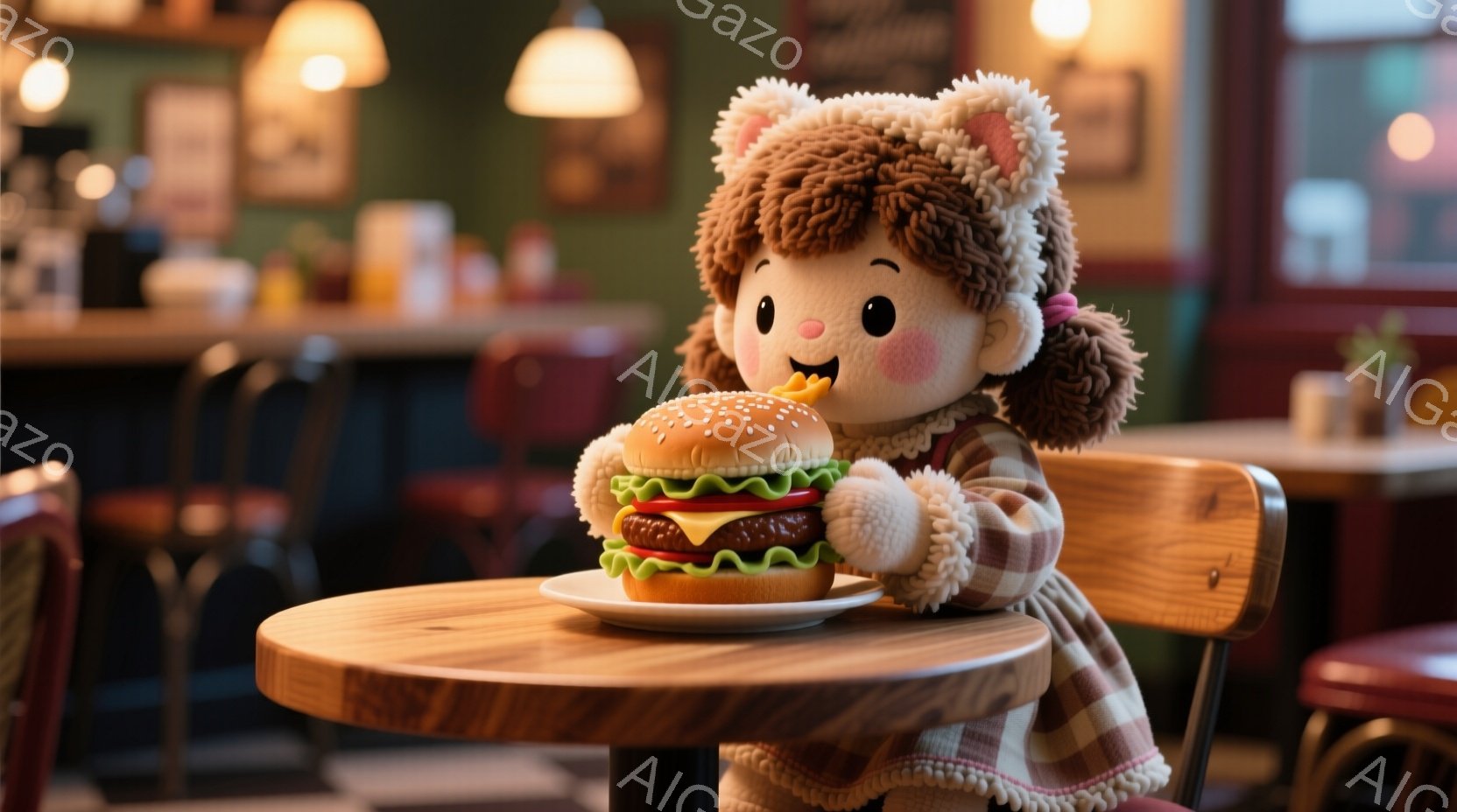 人形のような女の子が、丸い木のテーブルに座ってハンバーガーを美味しそうに頬張っています。彼女は茶色で巻き毛の髪をしており、耳当て付きの帽子とチェック柄のコートを着ています。背景はアメリカンダイナーのような内装で、ぼやけたカウンターと椅子が見え、温かく親しみやすい雰囲気が漂っています。