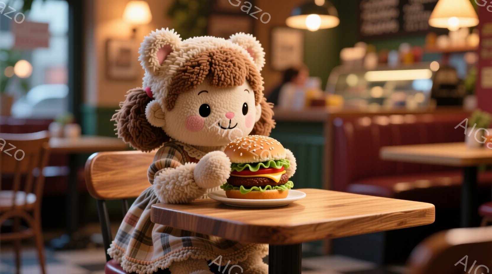 ふわふわのクリーム色の毛並みを持つ人形が、チェック柄のエプロンを身につけ、椅子に座ってハンバーガーを見つめています。人形は大きな瞳で微笑み、楽しそうな表情をしています。背景には、赤色の座席、木製のテー - AI生成フリー素材