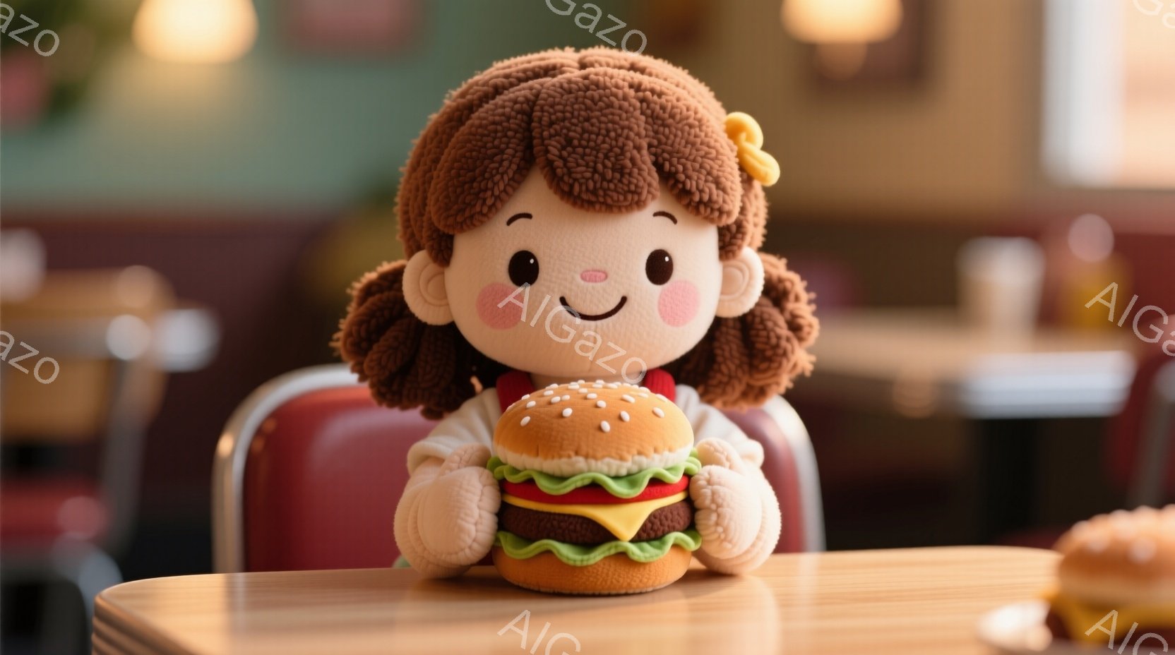 明るい茶色の巻き毛に、赤いリボンをつけた可愛らしい女の子の人形が、大きなハンバーガーを両手で抱えています。人形は白いシャツを着ており、笑顔でハンバーガーを見つめています。背景はレトロなダイナーのようで、赤い椅子とテーブル、そしてぼんやりとした光が温かい雰囲気を作り出しています。