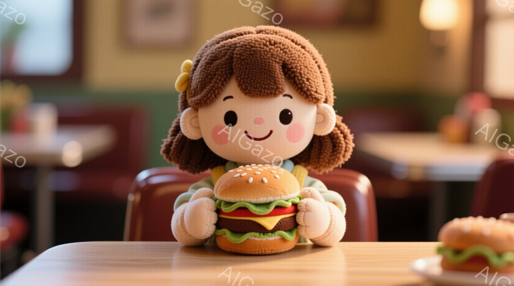 明るい色のダイニングに、茶色のフリフリの髪をした女性のぬいぐるみのおもちゃが座っています。彼女は明るい笑顔でハンバーガーを抱きしめ、頬は赤く染まっています。背景には、赤色のシートとテーブルが並んだダイニングの様子が見え、温かく幸せな雰囲気が漂っています。