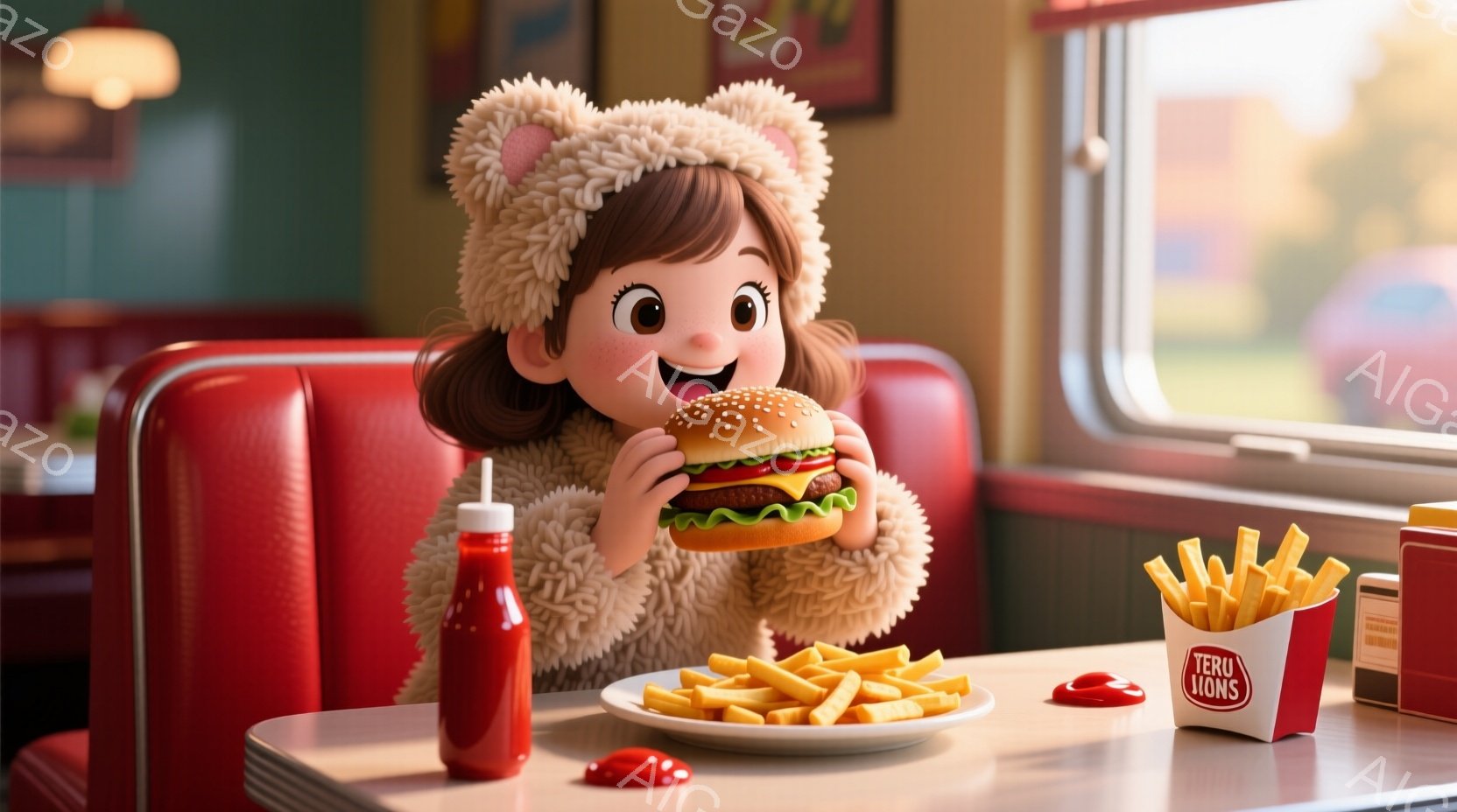 明るい赤いフード付きセーターを着た女の子が、大きなハンバーガーを両手で抱えて楽しそうに食べている。彼女は茶色の巻き毛で、満面の笑みを浮かべており、背景には鮮やかな赤いブース席と窓の外の緑豊かな風景が見 - AI生成フリー素材