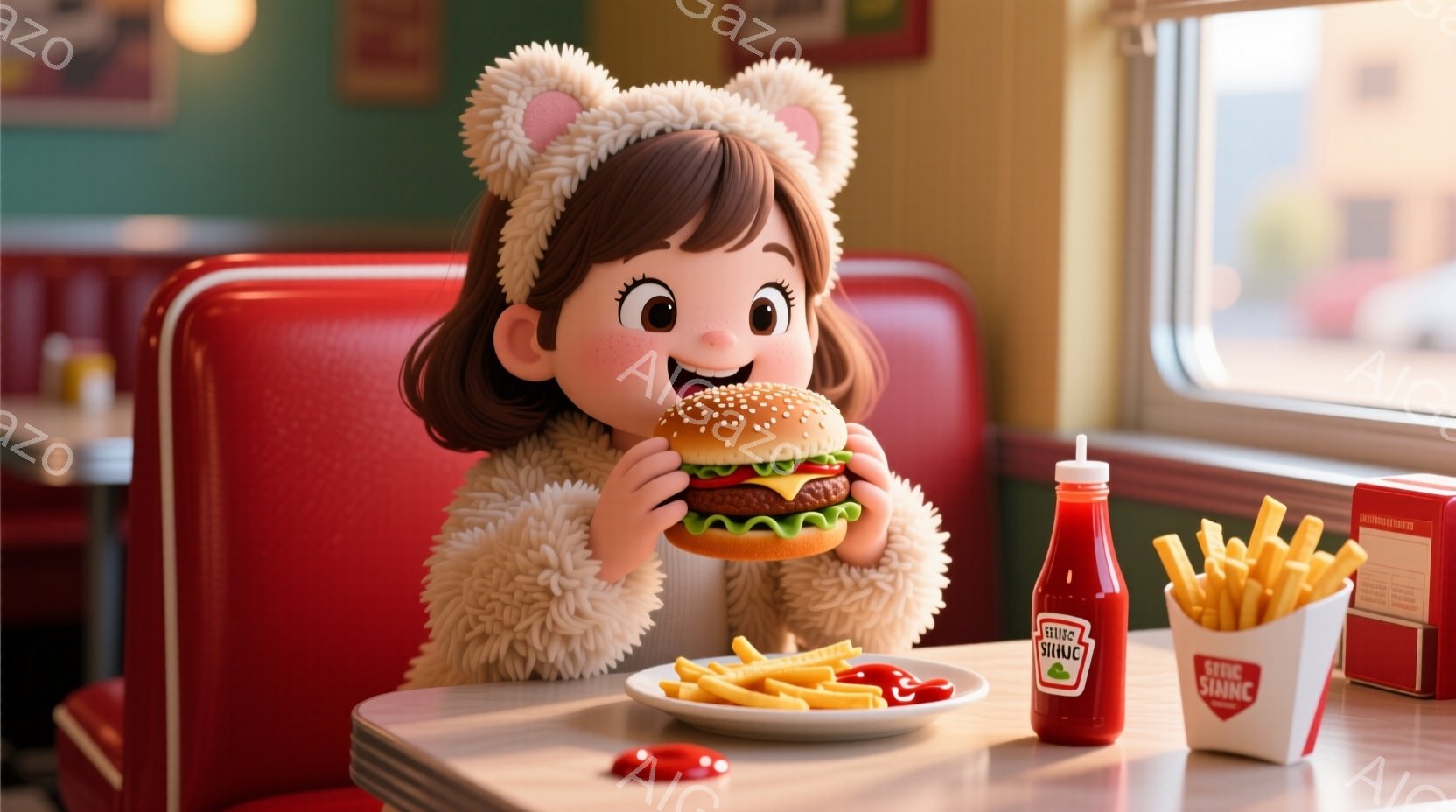 明るい色の服を着た若い女の子が、大きなハンバーガーを両手で抱えて美味しそうに食べています。彼女はふわふわのクリーム色の服を着ており、頭にはクマの耳のような飾りをつけています。背景には、赤いビニール製の椅子、ケチャップボトル、そしてポテトが入った箱があり、レトロなダイナーのような雰囲気が漂っています。
